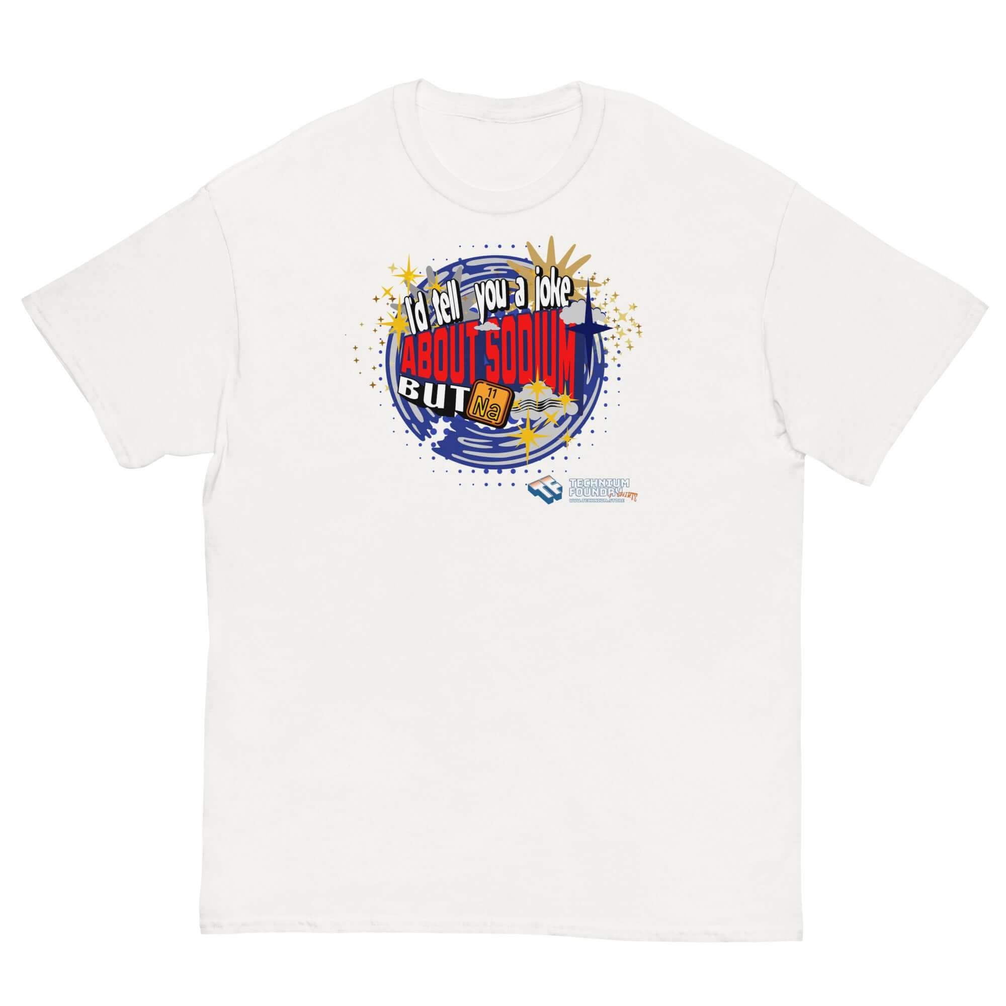 Sodium Chemistree Joke T-Shirt featuring periodic table pun design in cosmic blue swirl for chemistry lovers and science nerds.