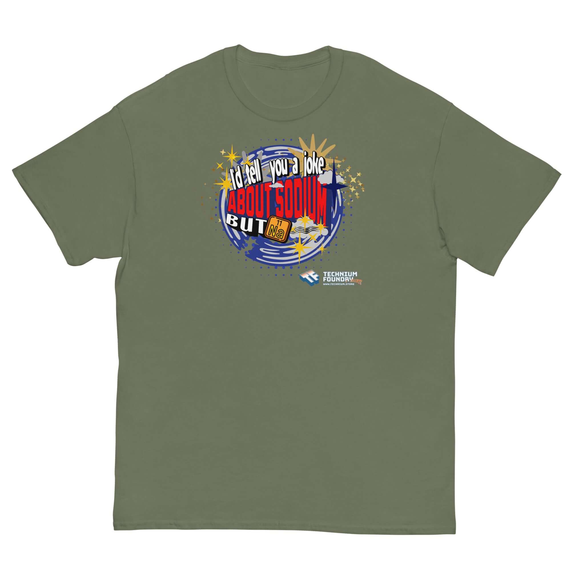 Sodium Chemistree Joke T-Shirt with cosmic blue swirl design and periodic table humor for chemistry enthusiasts.