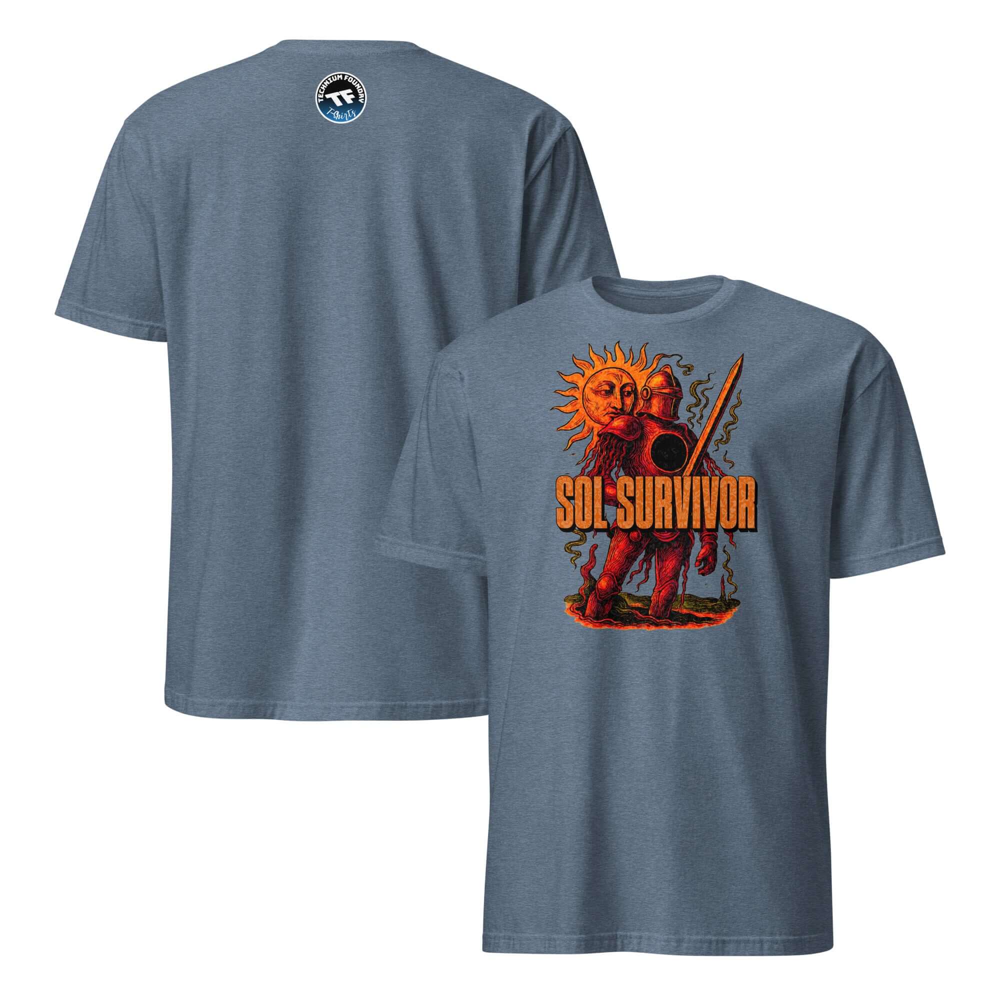 Sol Survivor T-Shirt with solar warrior design, featuring a sun in medieval armor and sword. Cosmic endurance themed apparel.