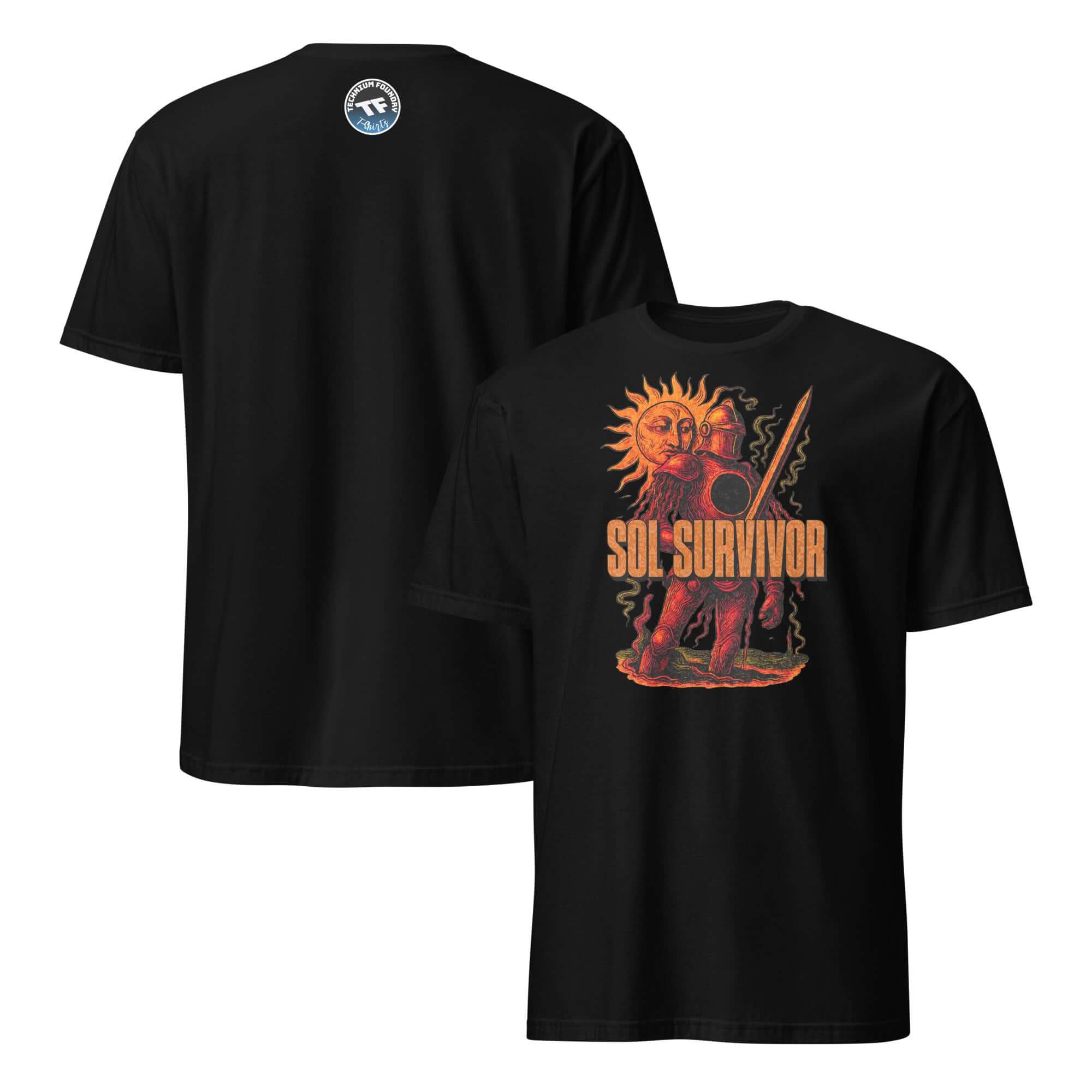 Sol Survivor T-Shirt featuring a medieval solar warrior design with 4.6 billion years of attitude. Solar Warrior Gear essential.