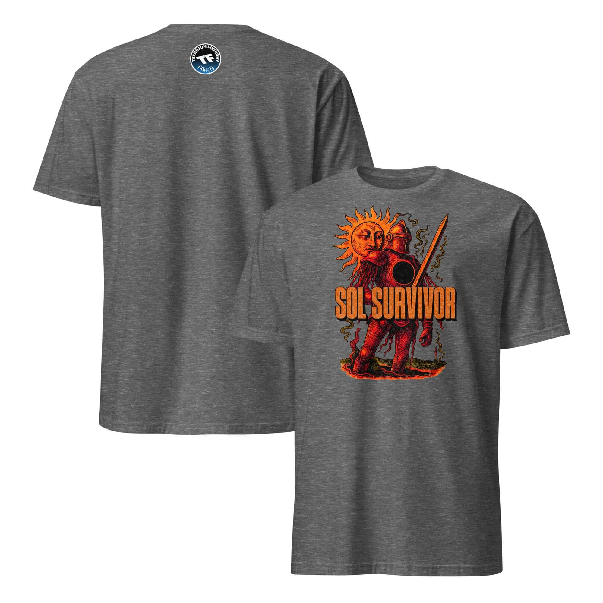 Sol Survivor T-Shirt featuring solar warrior design with 4.6 billion years attitude, medieval armor, sword, and sun motif.