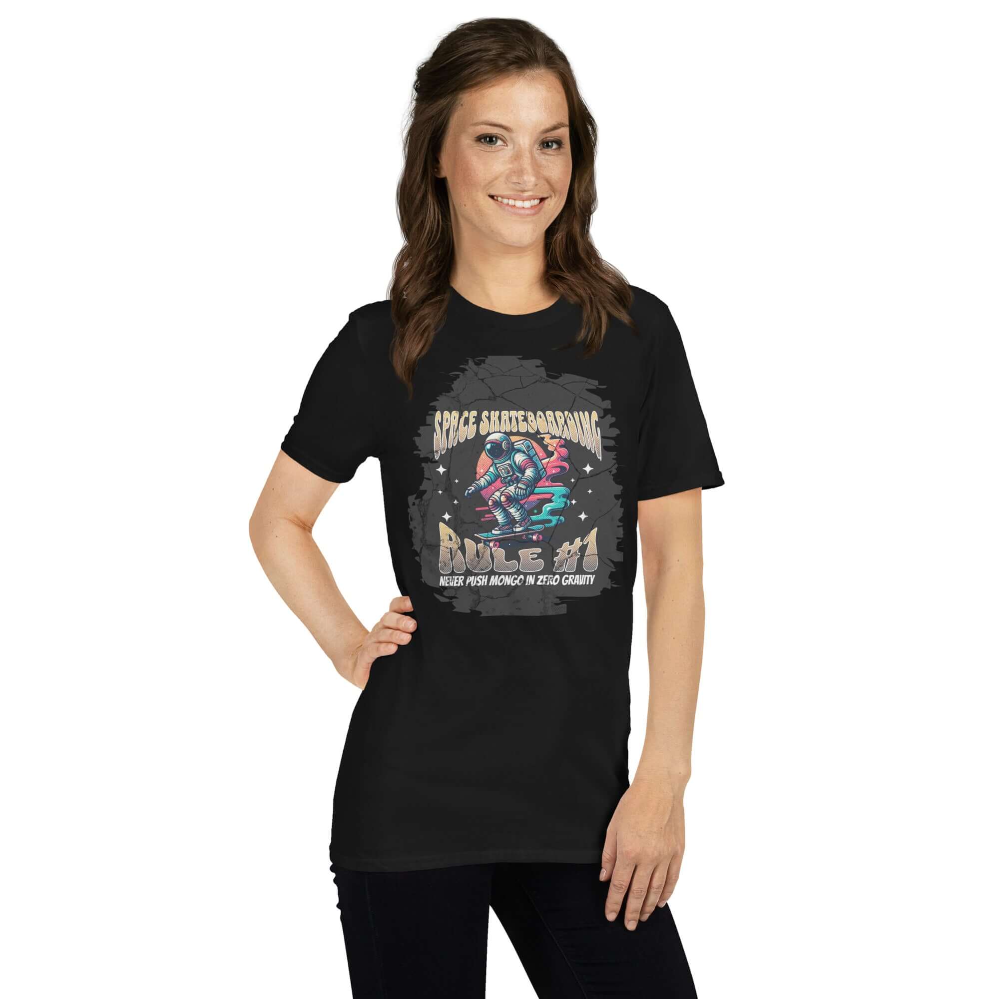 Woman wearing 'Space Skateboarding Rule #1' T-Shirt featuring astronaut and skateboard design, cosmic skate humor theme.