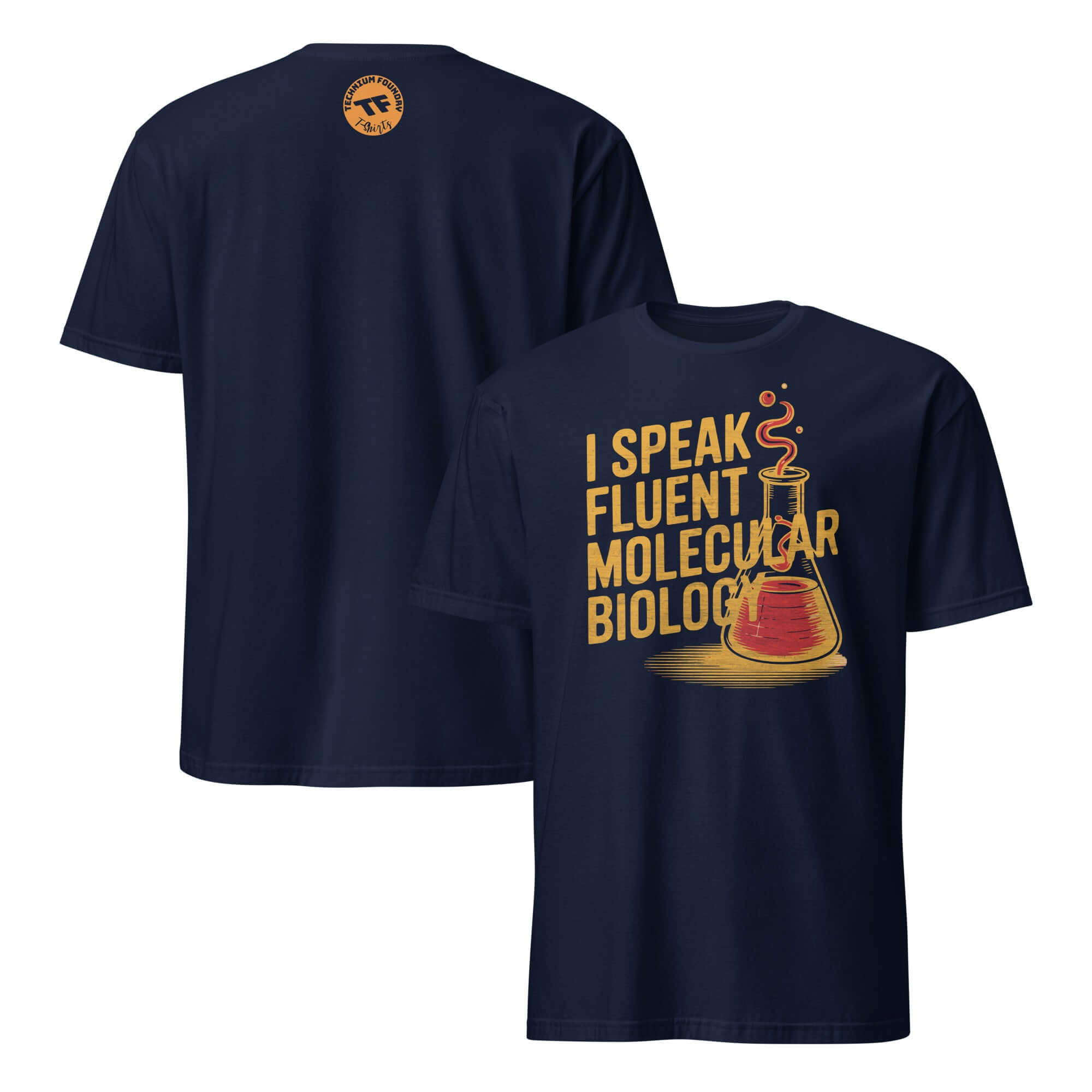 "I Speak Fluent Molecular Biology" T-shirt with beaker graphic, biochemistry humor apparel for lab enthusiasts.