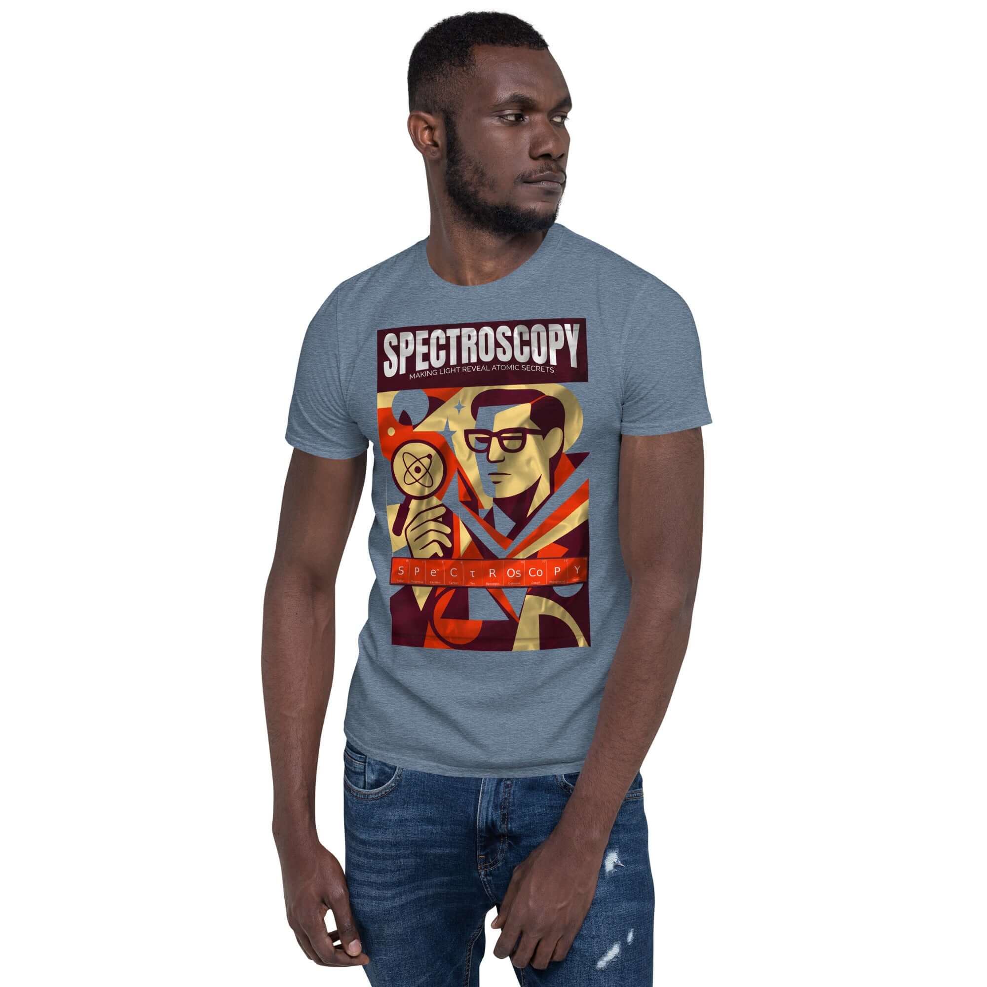 Spectroscopy T-Shirt featuring vintage design of a detective with prisms, symbolizing light's role in revealing atomic secrets.