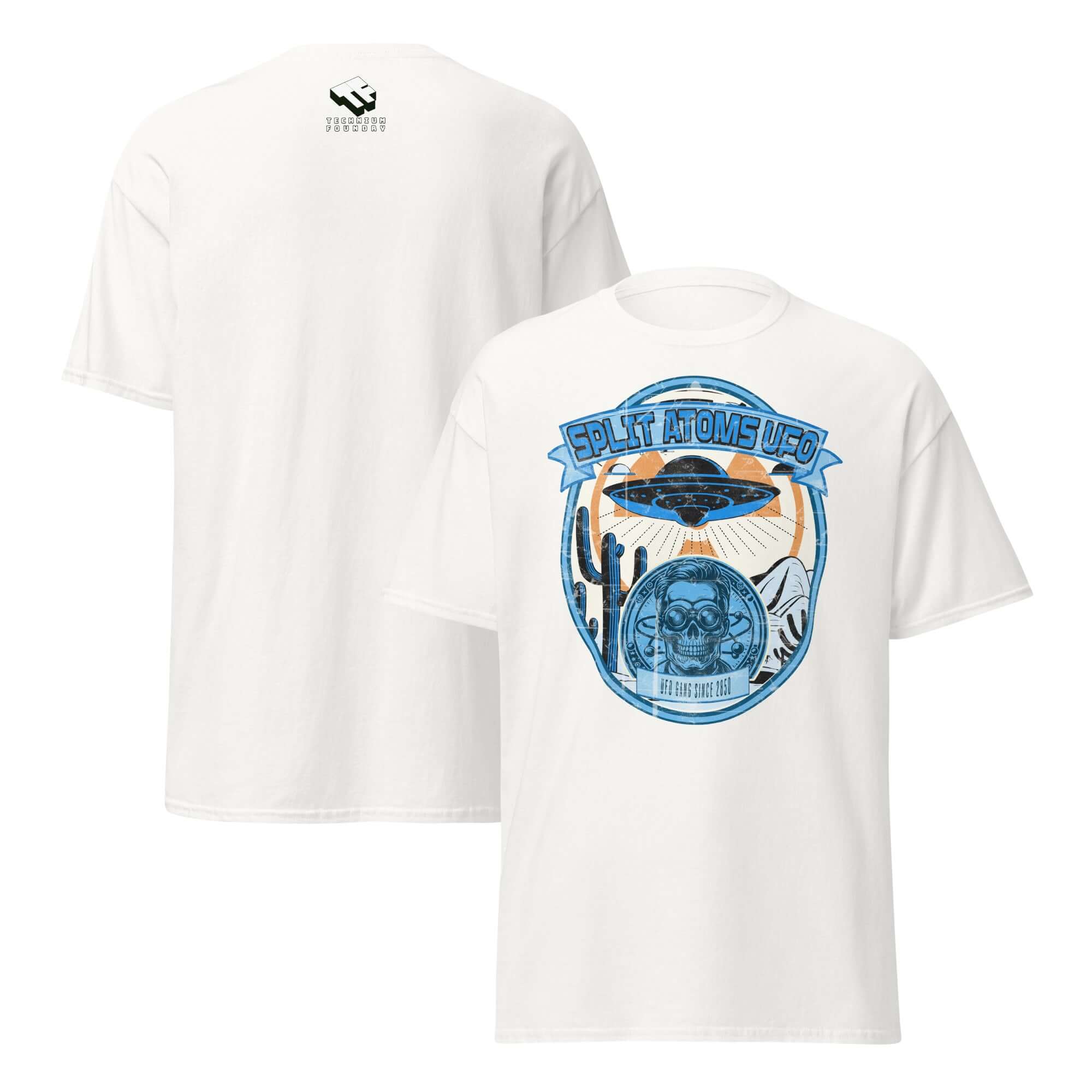 Split Atoms UFO Gang T-Shirt with retro alien desert design, featuring a classic flying saucer over a Nevada landscape. Perfect for sci-fi fans.