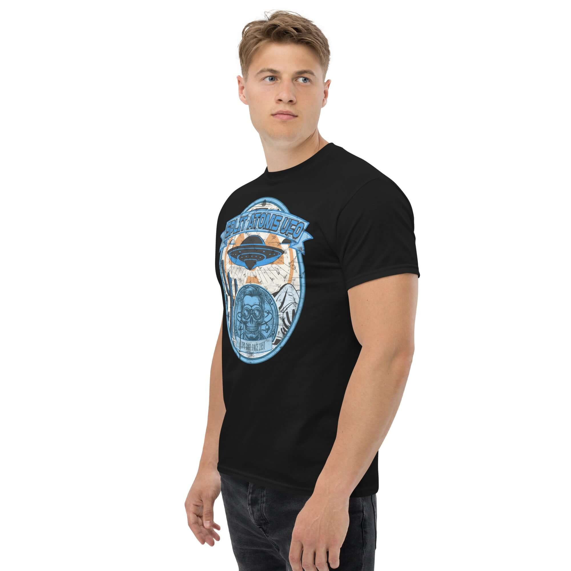 Split Atoms UFO Gang T-Shirt with retro alien desert design, worn by model. Perfect for fans of futuristic and alien themes.