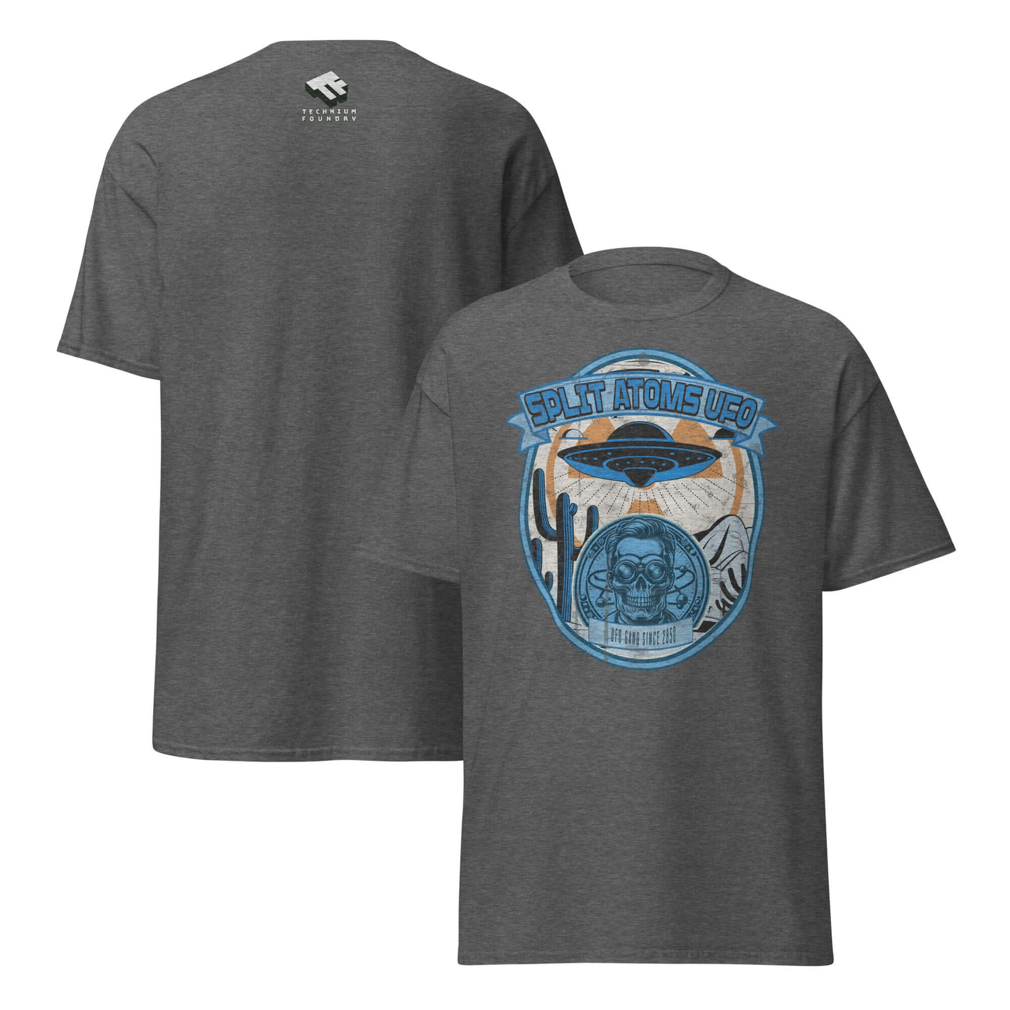 Split Atoms UFO Gang T-Shirt featuring retro alien desert design with flying saucer over Nevada landscape. Unique sci-fi apparel.
