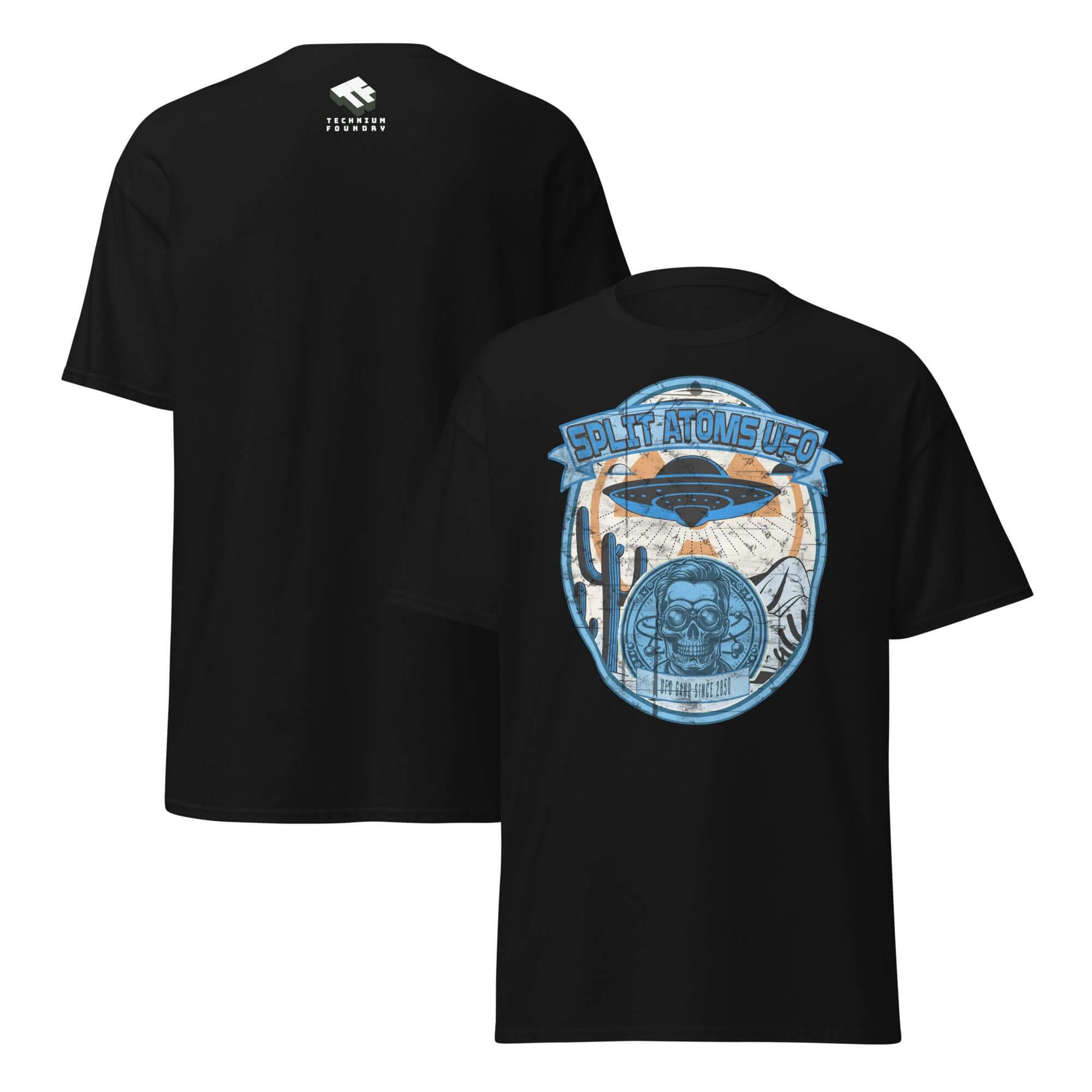 Black Split Atoms UFO Gang T-Shirt featuring retro alien desert design and flying saucer graphic.