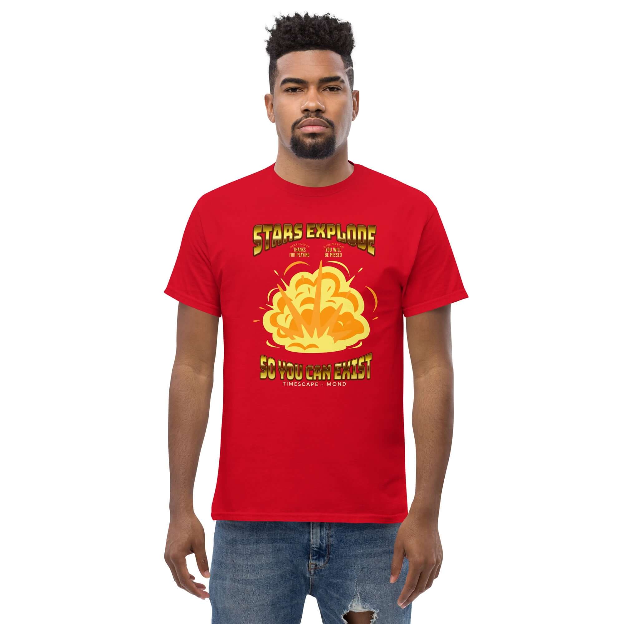 Red "Stars Explode So You Can Exist" T-shirt by Technium Foundry, perfect for science geeks and quantum apparel enthusiasts.