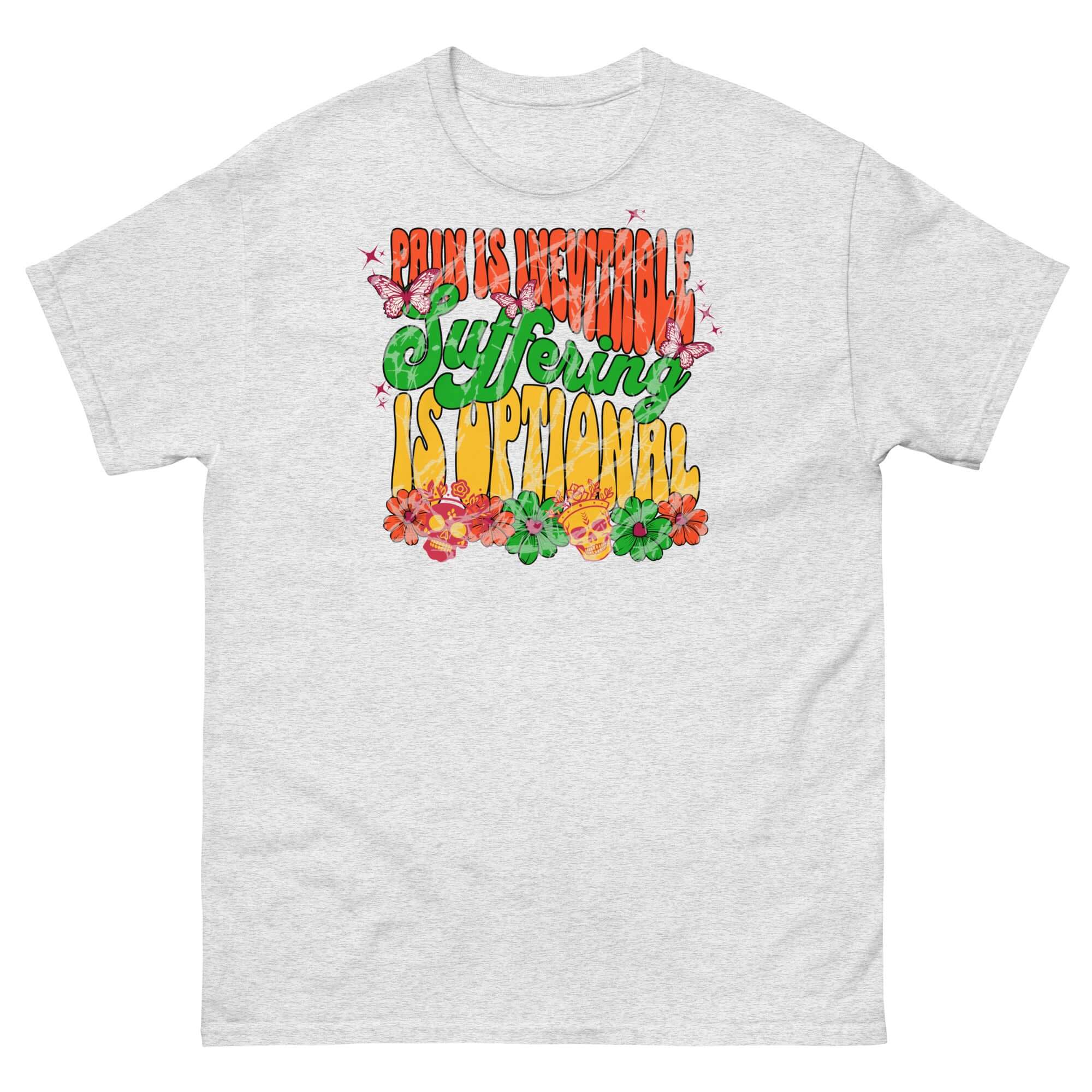 Stoic Philosophy Drip T-Shirt with 'Pain is Inevitable, Suffering is Optional' in vibrant street art design on a white tee.