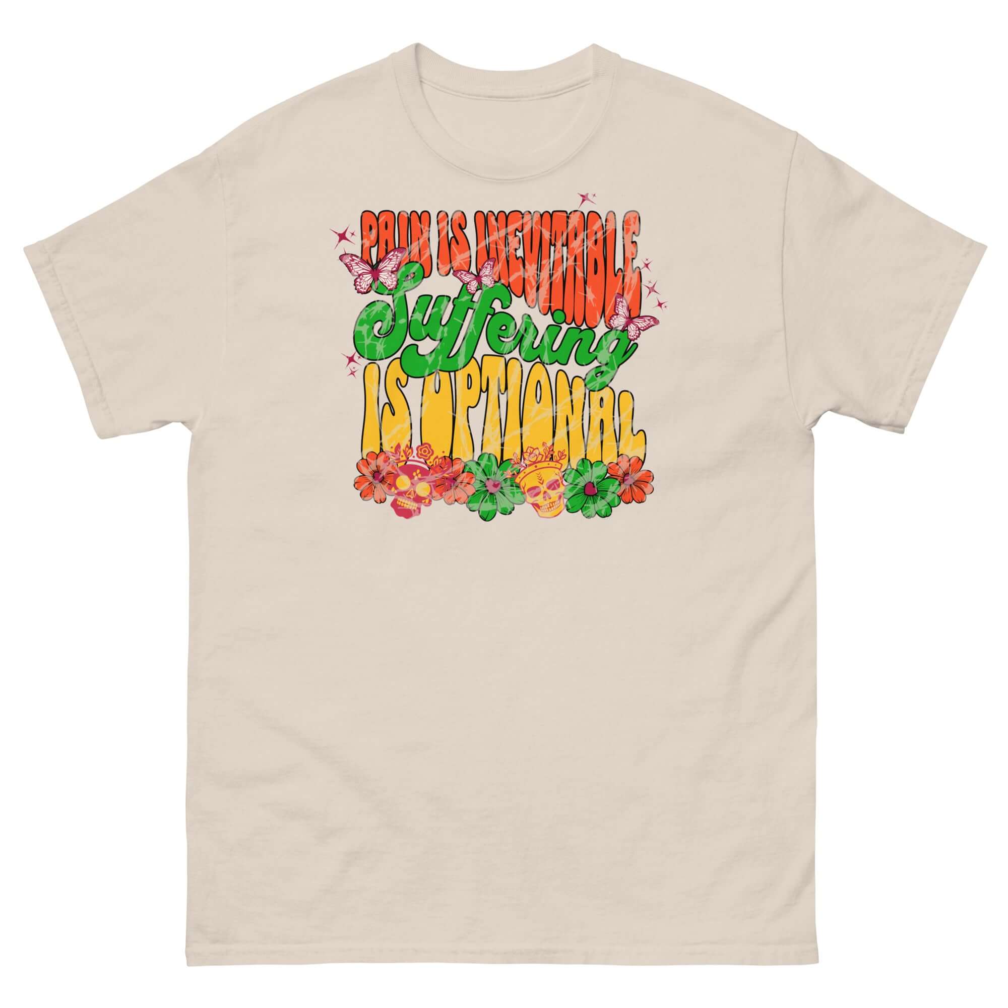 Stoic Philosophy Drip T-Shirt featuring 'Pain Is Inevitable, Suffering Is Optional' in psychedelic street art style.