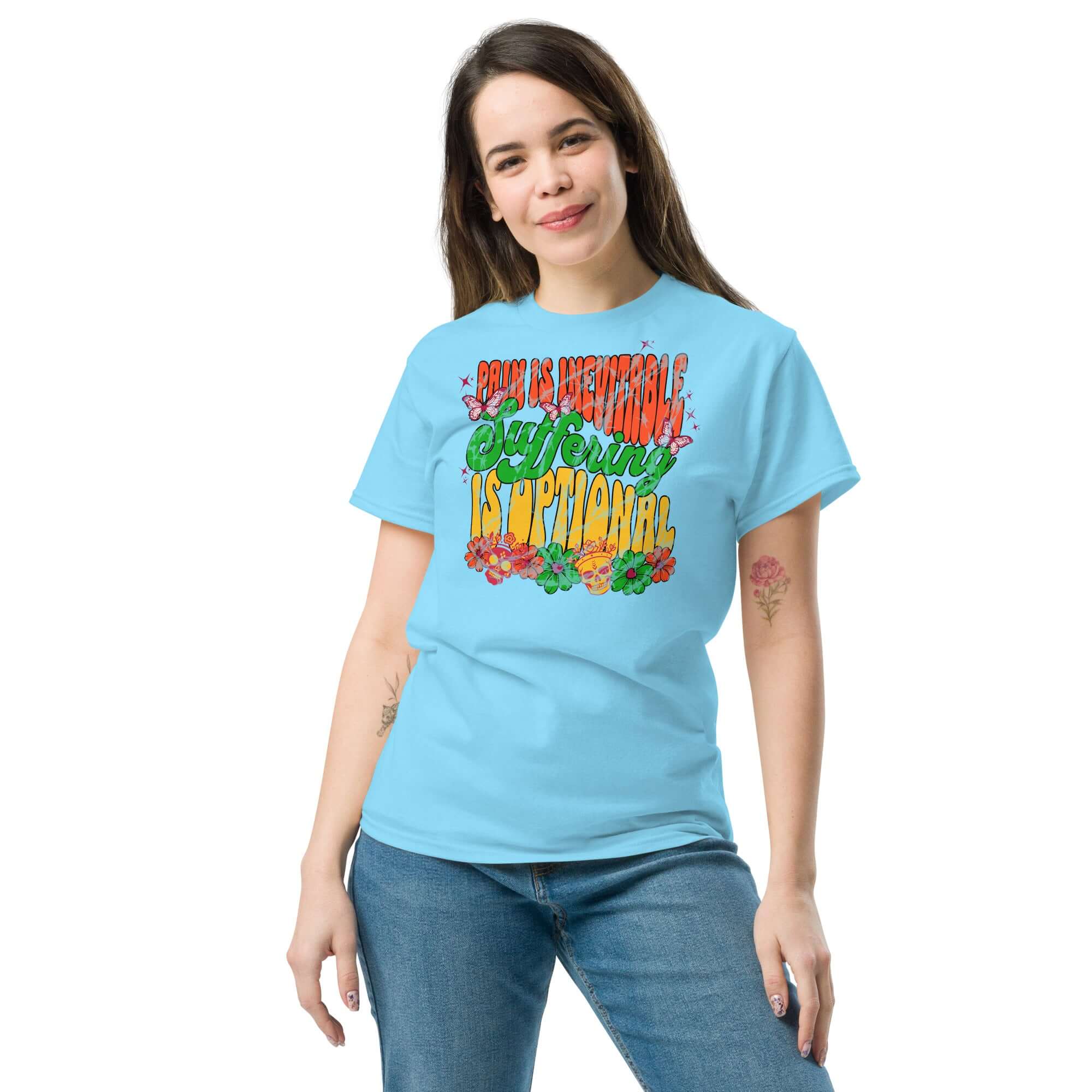 Stoic Philosophy T-Shirt: 'Pain Is Inevitable, Suffering Is Optional' with psychedelic street art style.