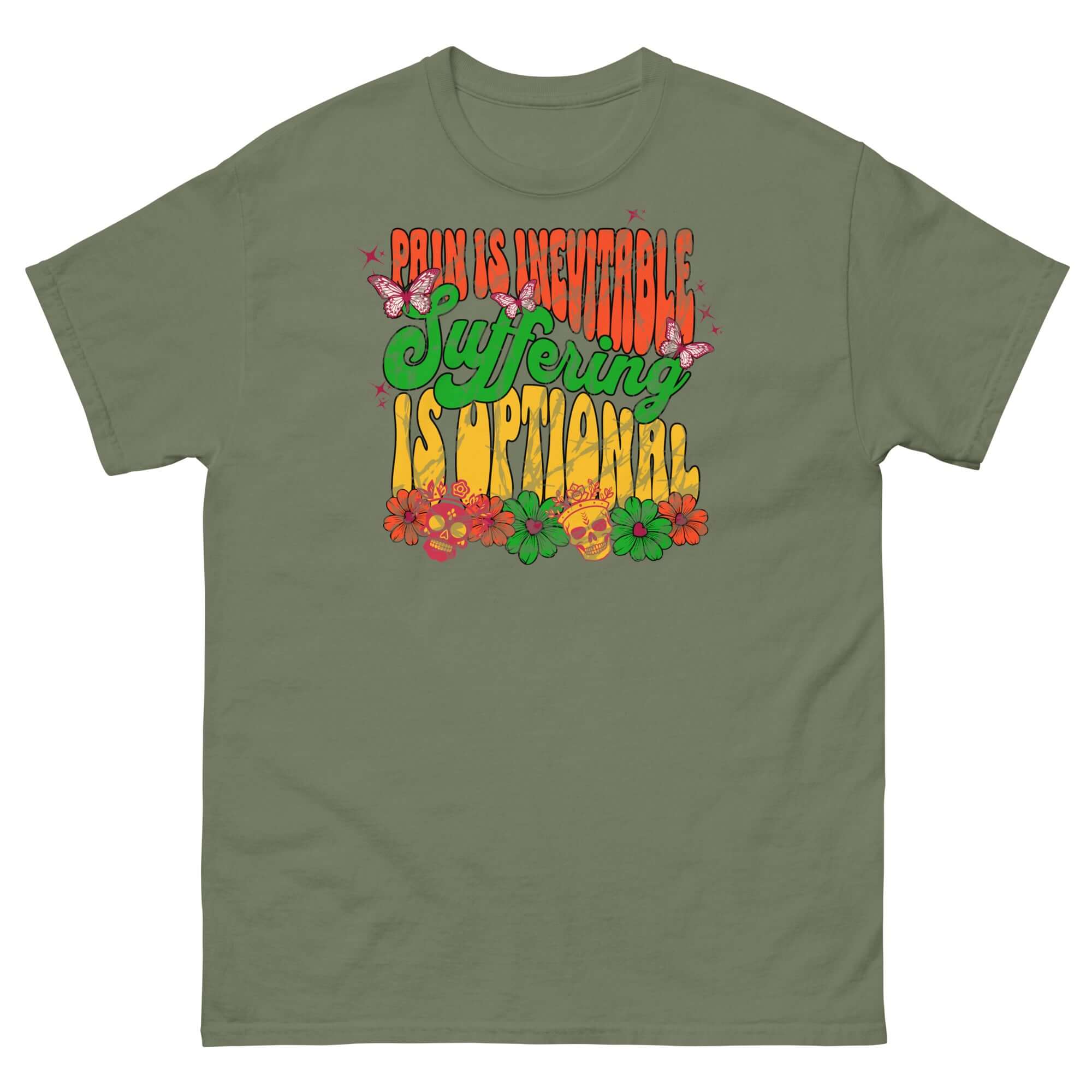 Stoic Philosophy Drip T-Shirt with colorful "Pain Is Inevitable Suffering Is Optional" design in psychedelic street art style.