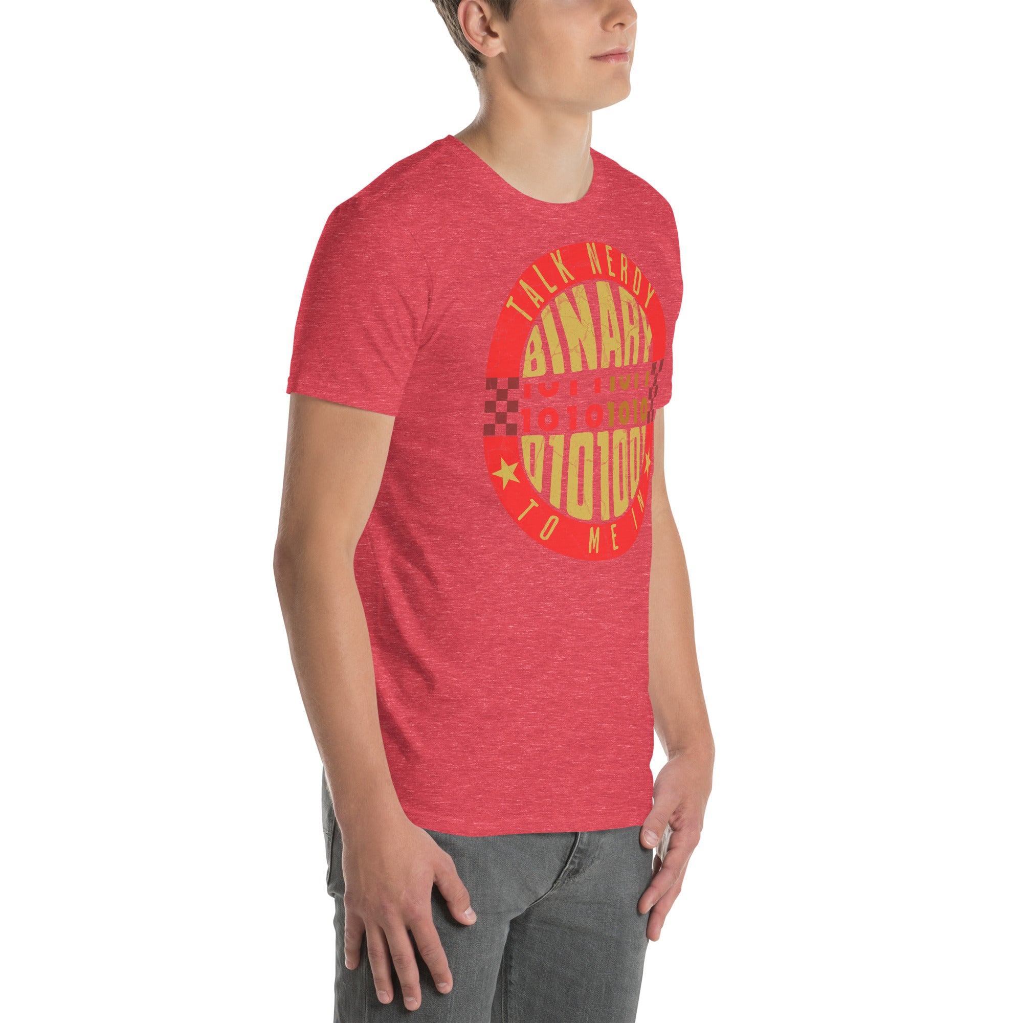 Red "Talk Nerdy To Me In Binary" T-shirt with binary code design for programmers.