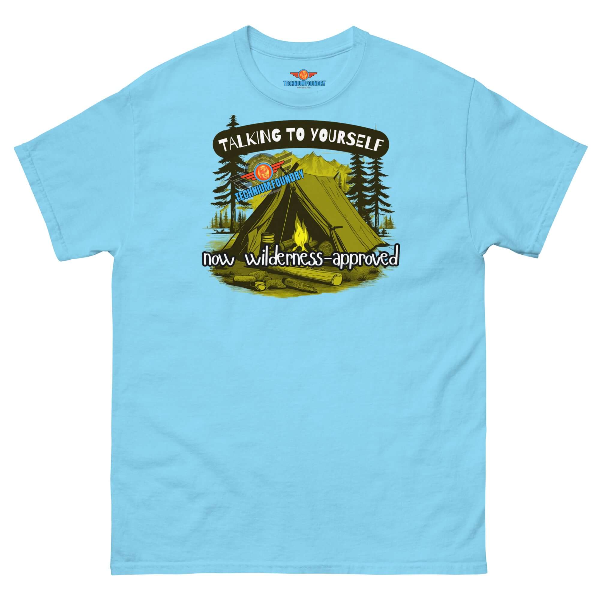Light blue tee with camping scene and "Talking to Yourself: Now Wilderness-Approved" text, ideal for outdoor coders and campers.