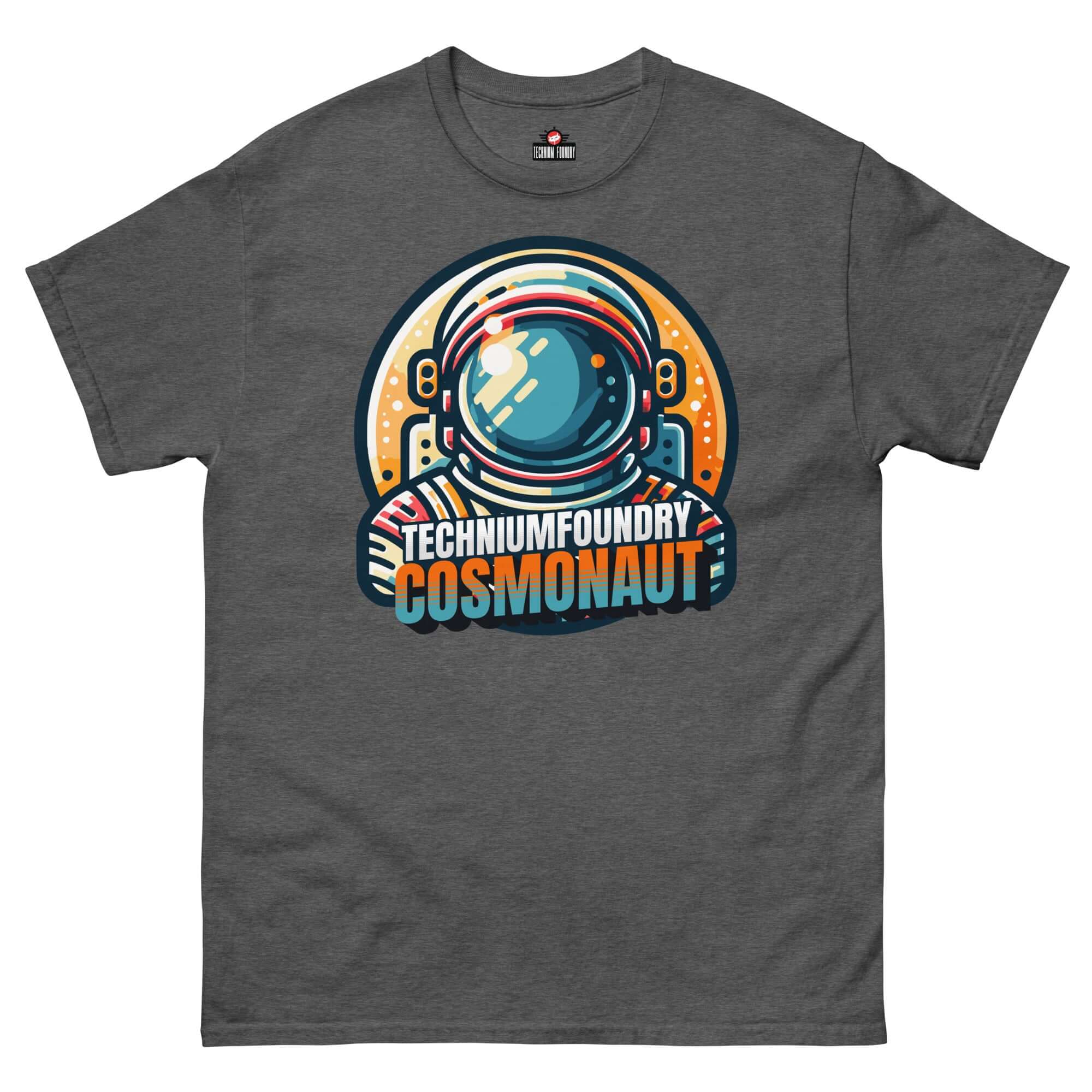 Technium Foundry Cosmonaut T-Shirt with vibrant retro space helmet design on dark gray fabric.