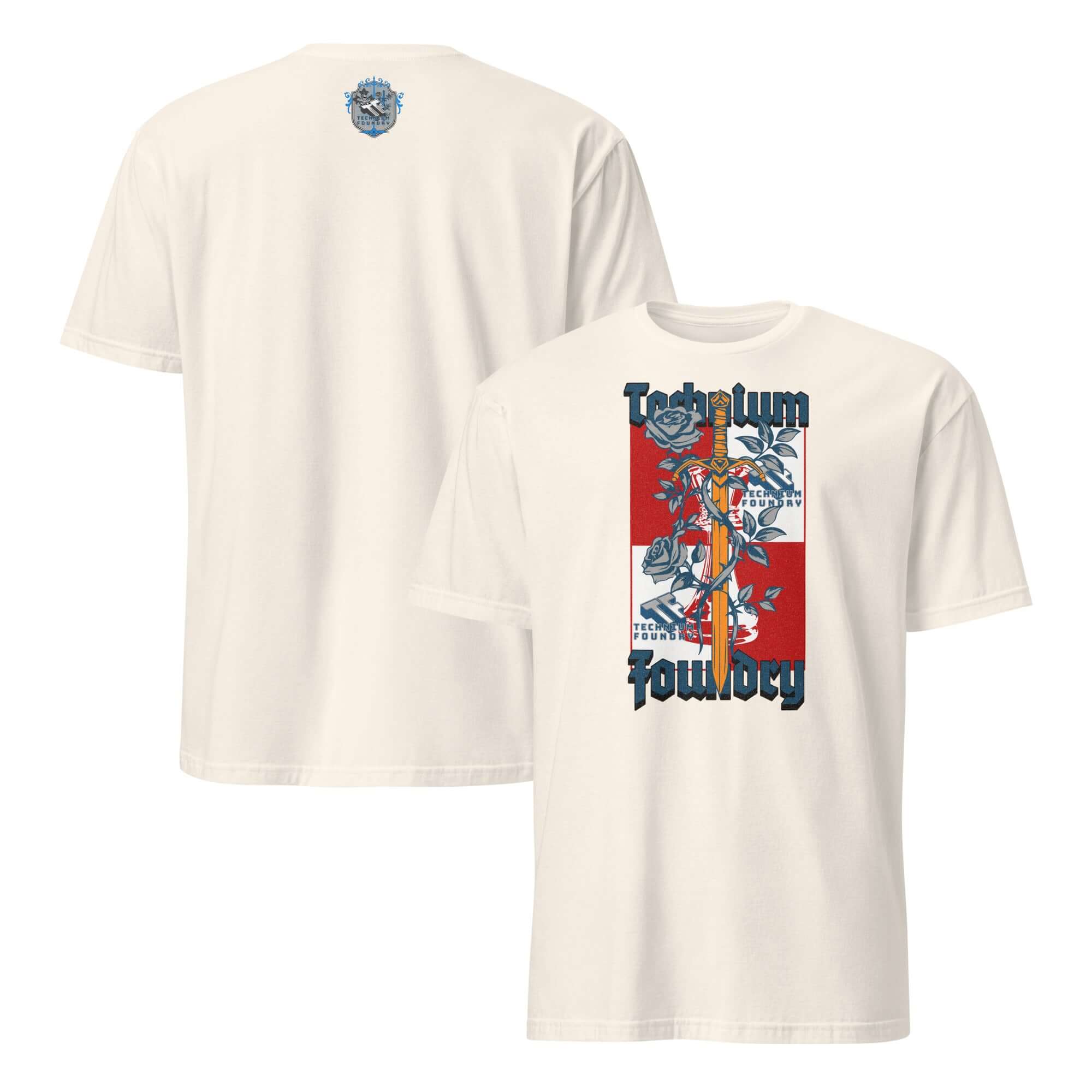 Vibrant orange Technium Foundry logo t-shirt featuring intellectual emblem design on the front and back.