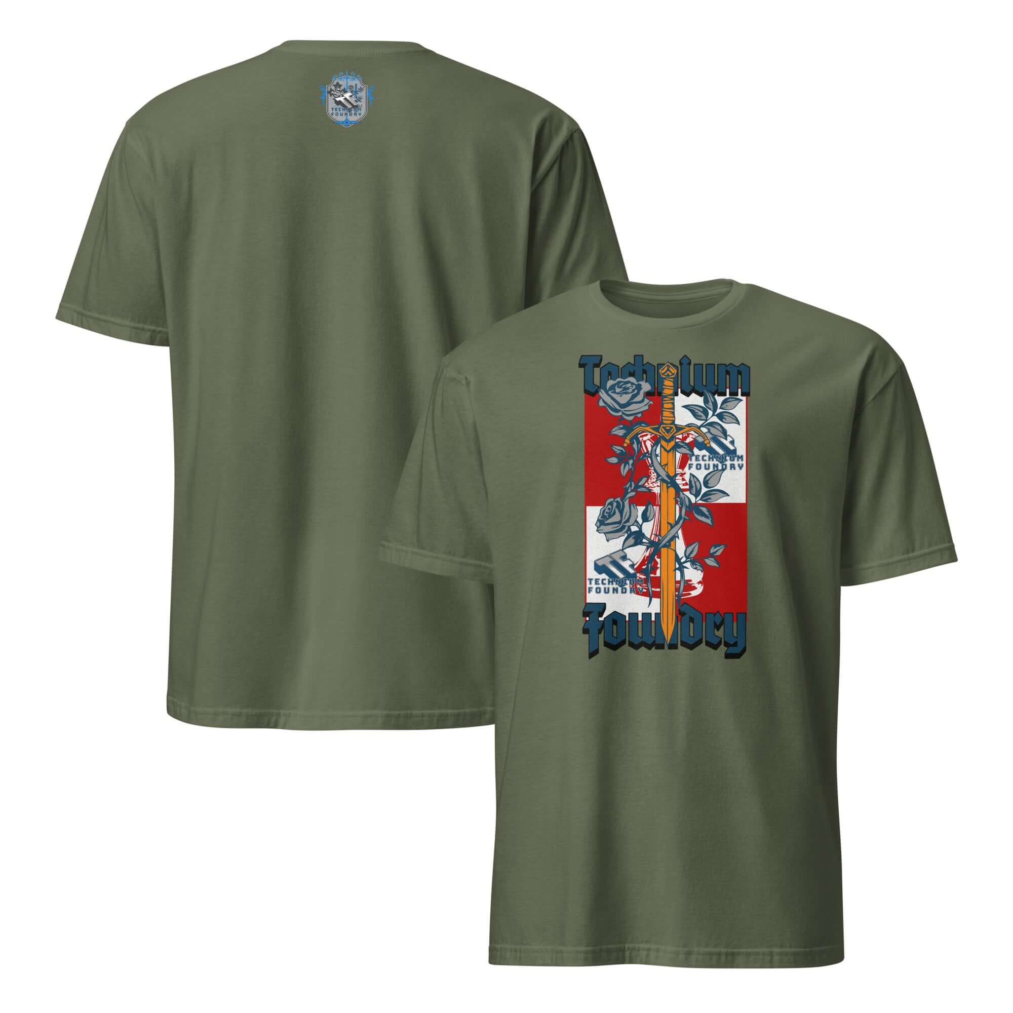 Technium Foundry Logo T-Shirt in Vibrant Orange featuring intellectual emblem on front and small emblem on back.