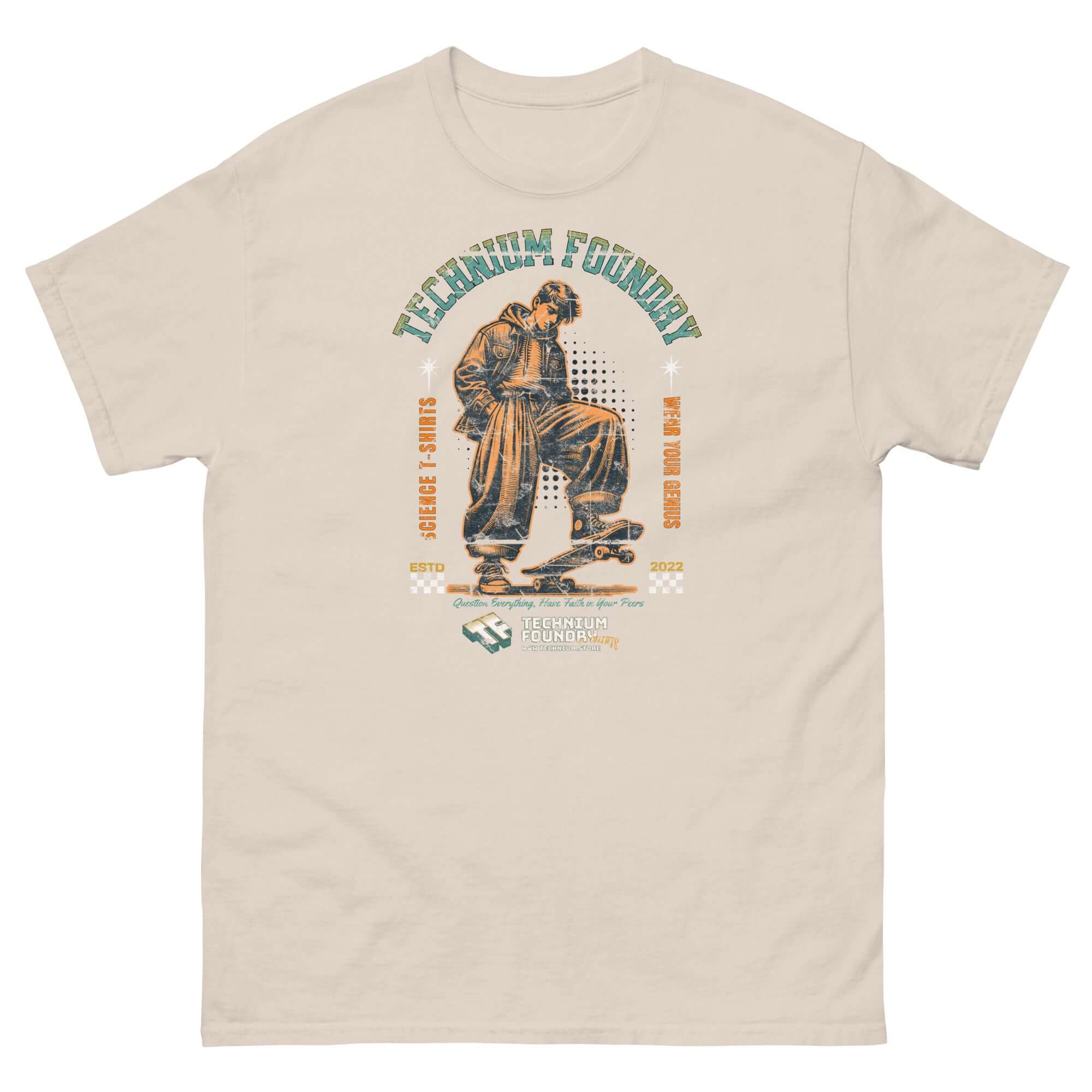 Alt Tag: Technium Foundry Skater Scientist T-Shirt featuring vintage physicist on skateboard, blending physics with street style.