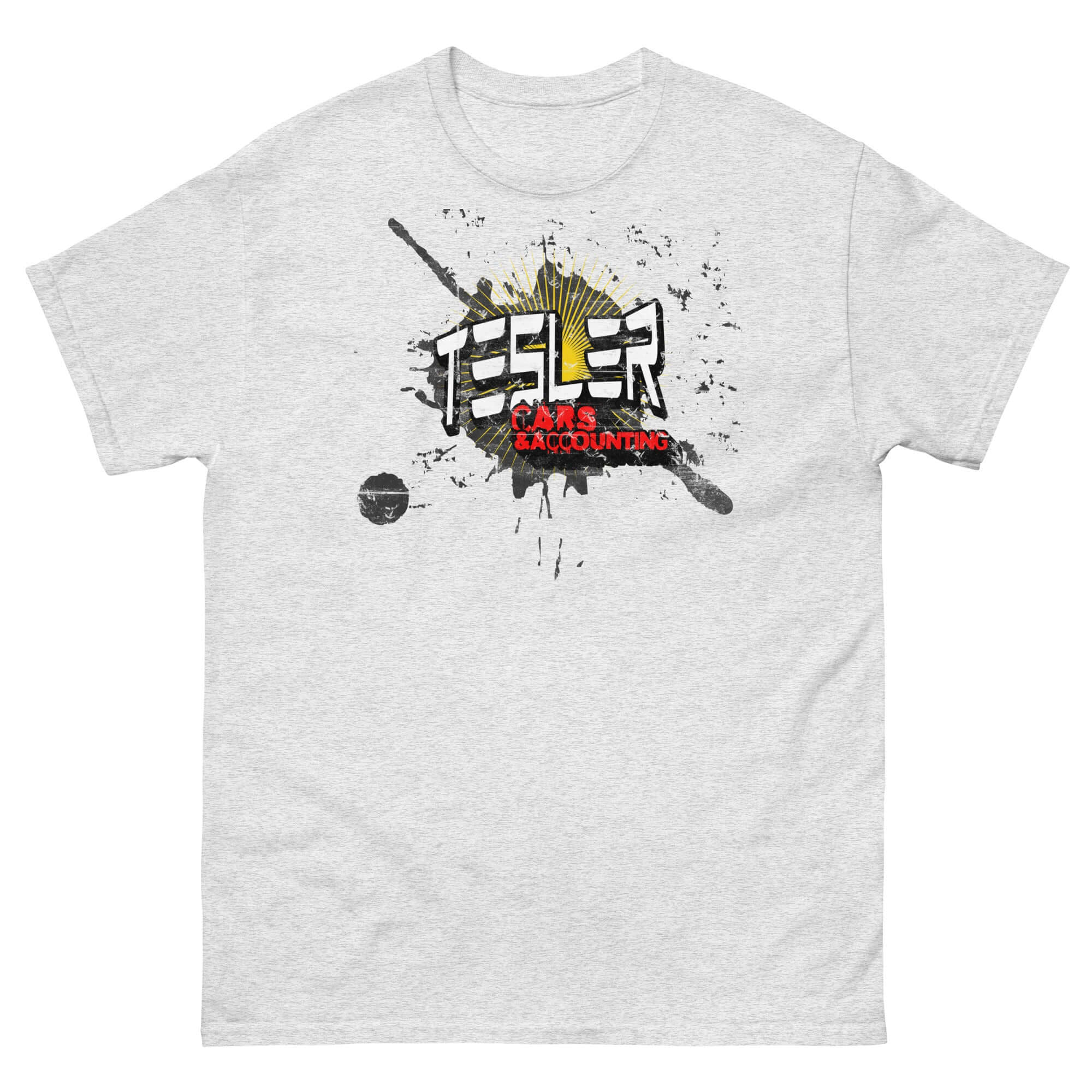 Tesler Cars & Accounting Parody T-Shirt featuring electric vehicle and accounting humor, perfect for fans of spreadsheets and torque specs.