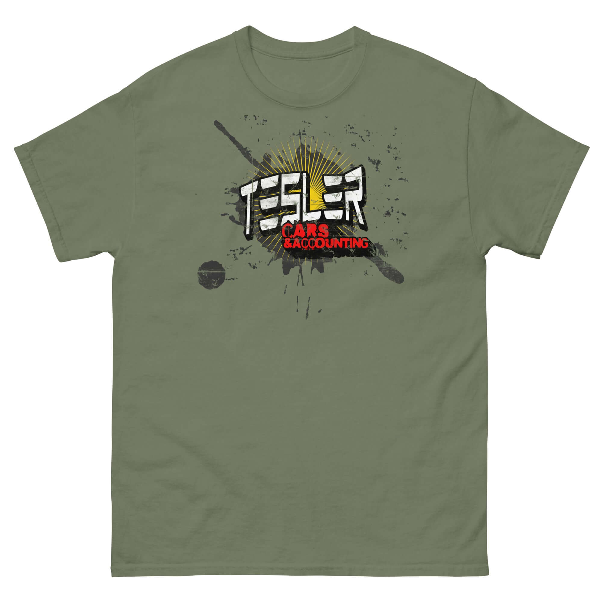 Tesler Cars & Accounting T-Shirt in green, parody apparel merging electric vehicles and accounting humor.