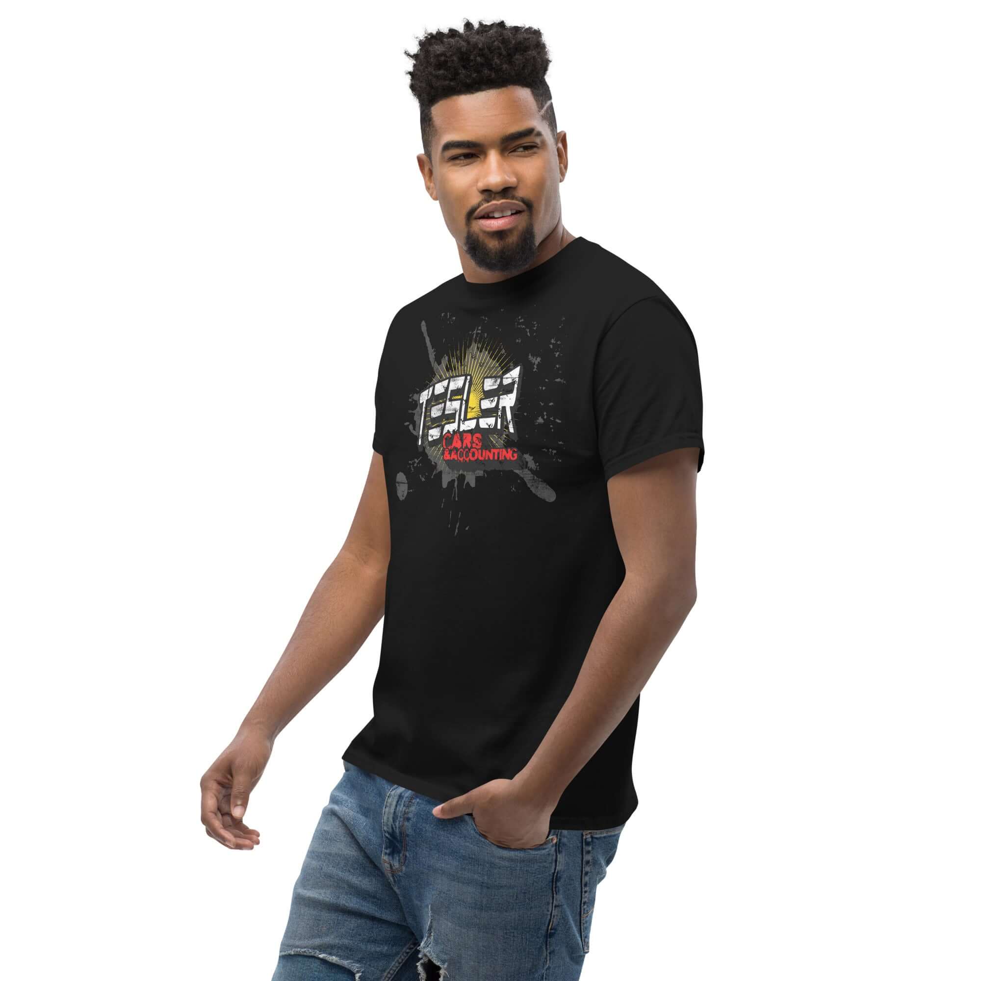 Man wearing Tesler Cars & Accounting parody t-shirt, combining electric cars and accounting humor for gear heads and number crunchers.
