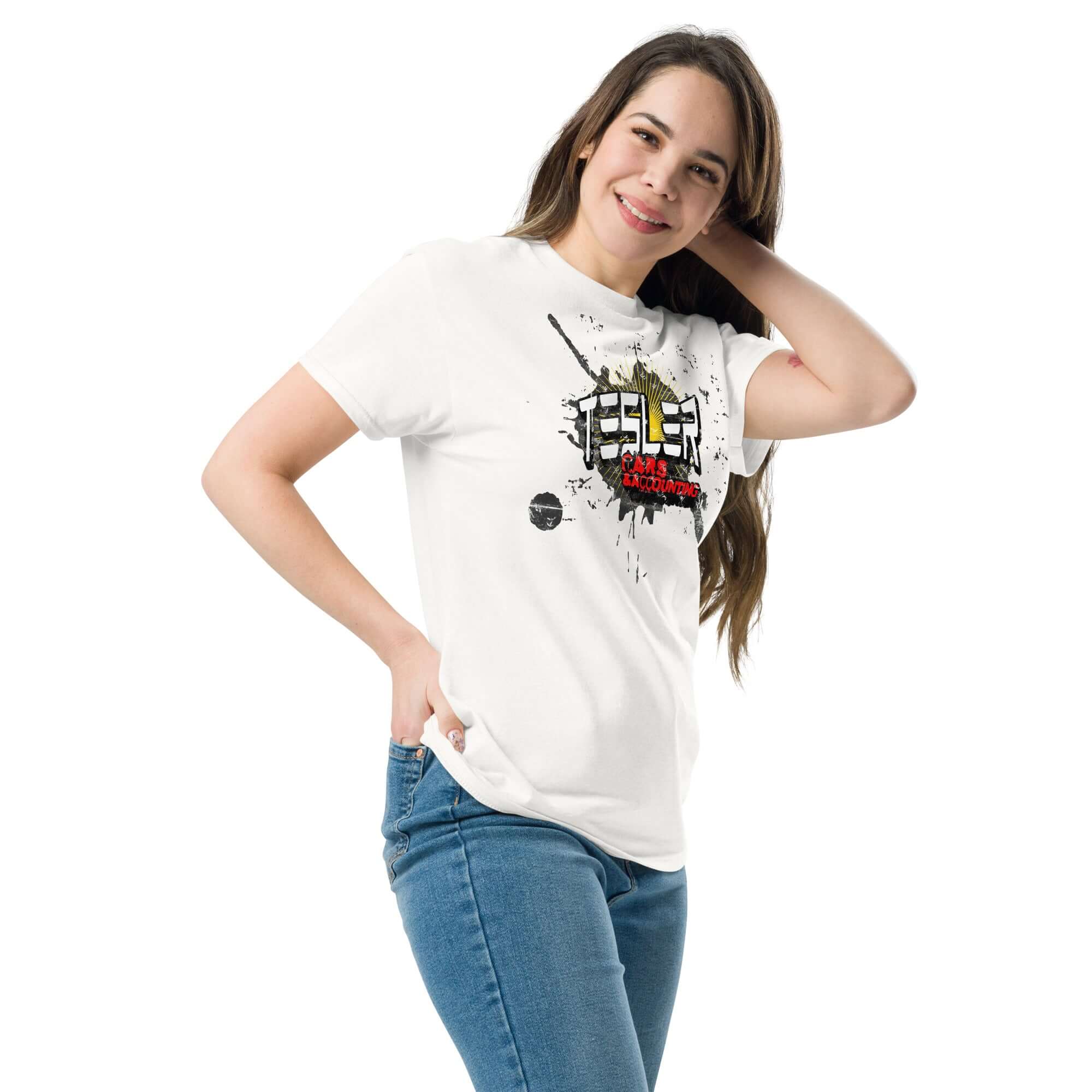 Woman wearing a Tesler Cars & Accounting T-shirt, a Tesla parody apparel, merging electric vehicles and accounting humor.