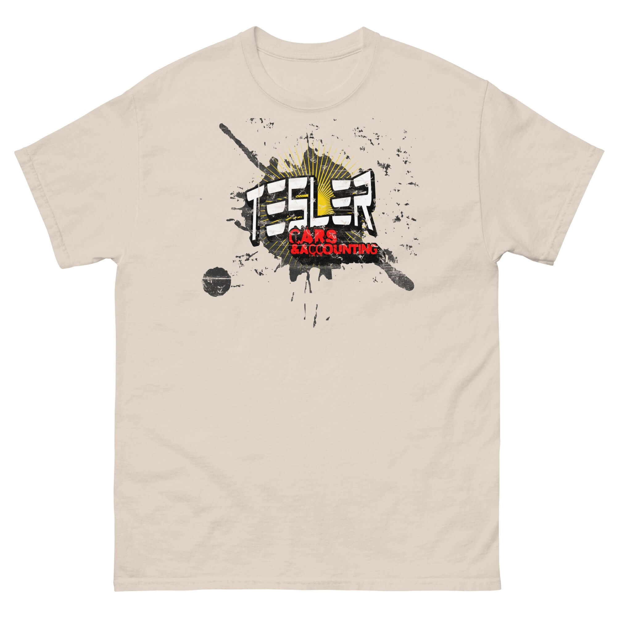 Tesler Cars & Accounting T-Shirt featuring electric vehicle and accounting parody design.