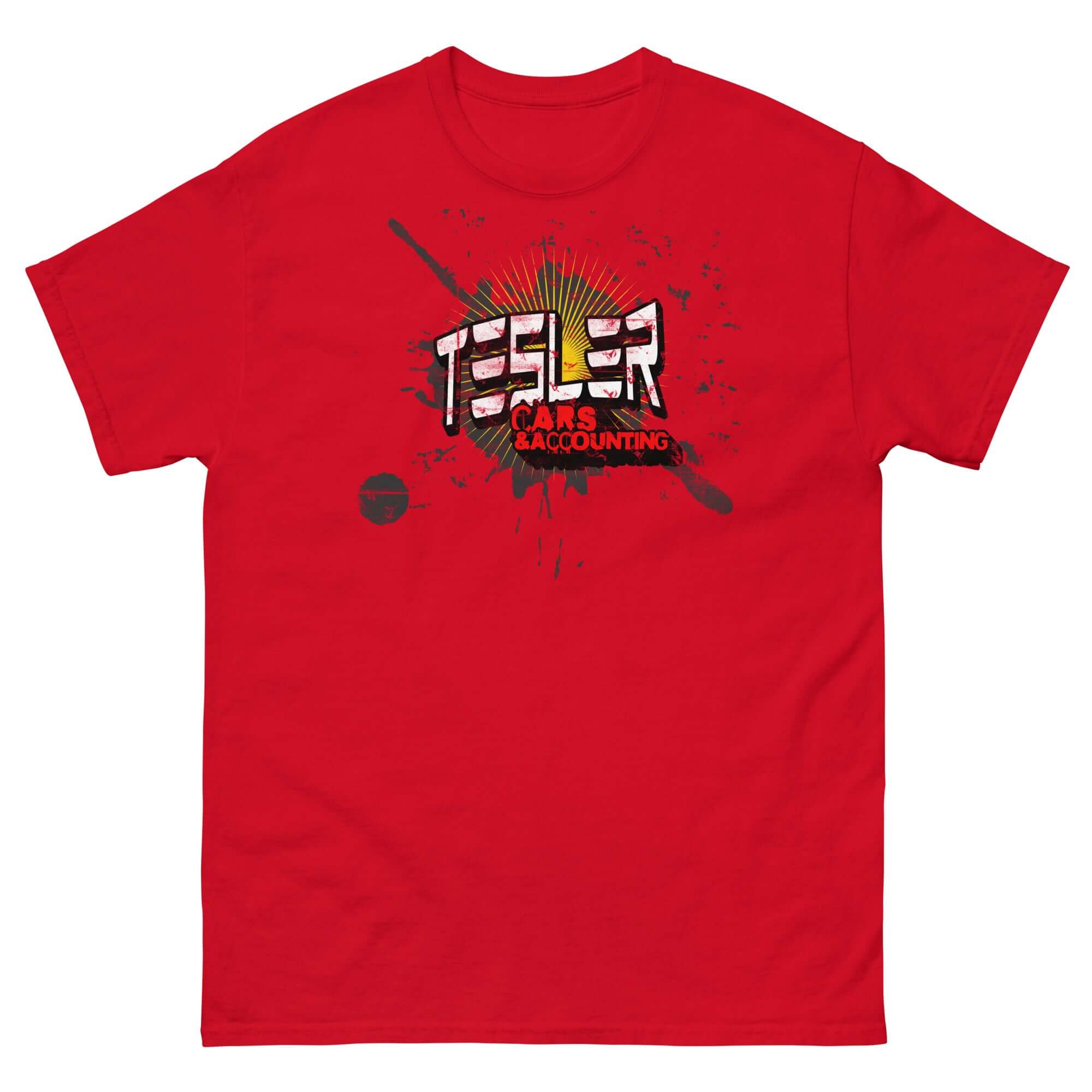 Red "Tesler Cars & Accounting" parody t-shirt for electric vehicle enthusiasts and accounting professionals.