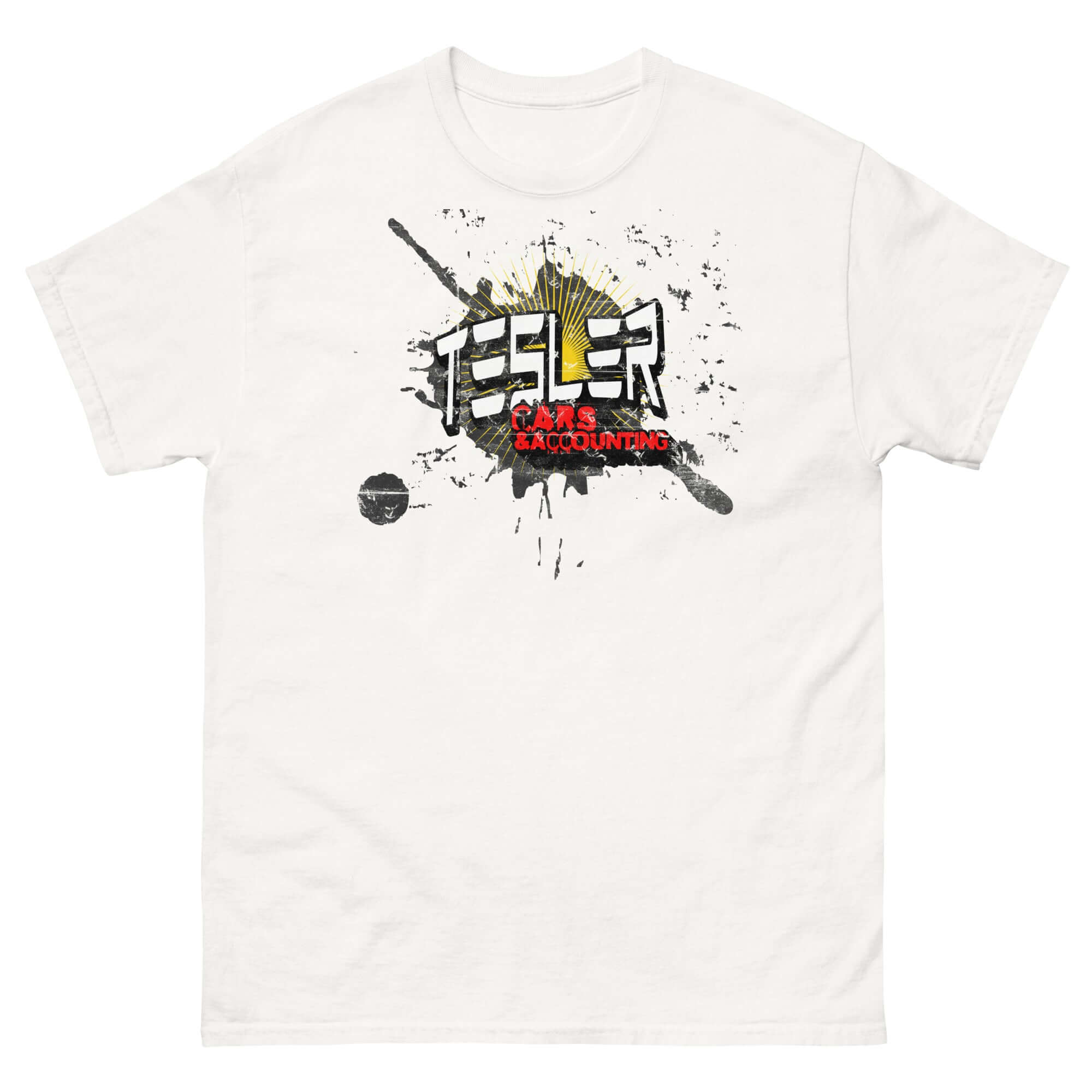White Tesler Cars & Accounting t-shirt, parody apparel for Tesla fans, merging electric vehicles and accounting humor.