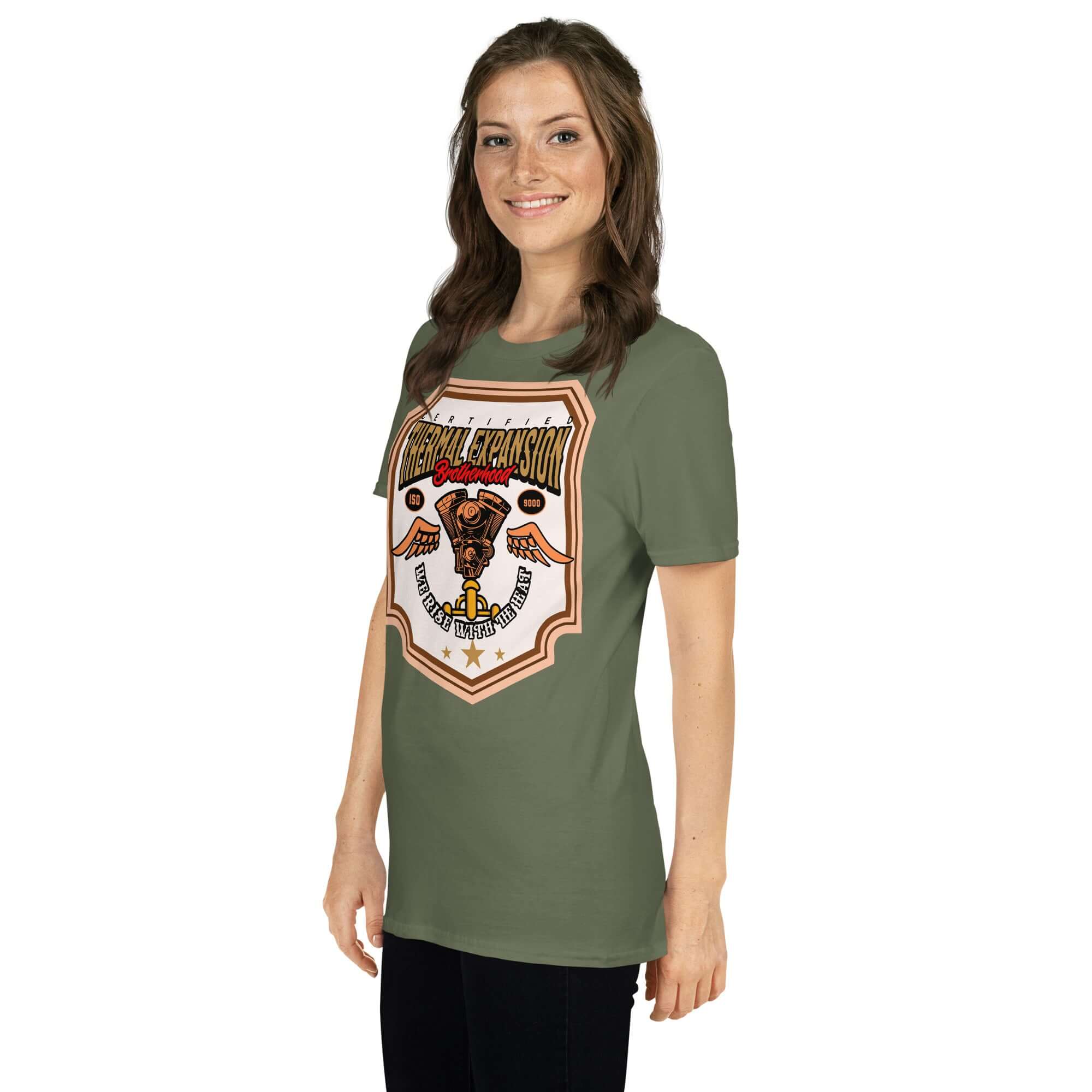 Woman wearing Thermal Expansion Brotherhood T-shirt featuring V-twin engine design, ideal for motorcycle and physics enthusiasts.