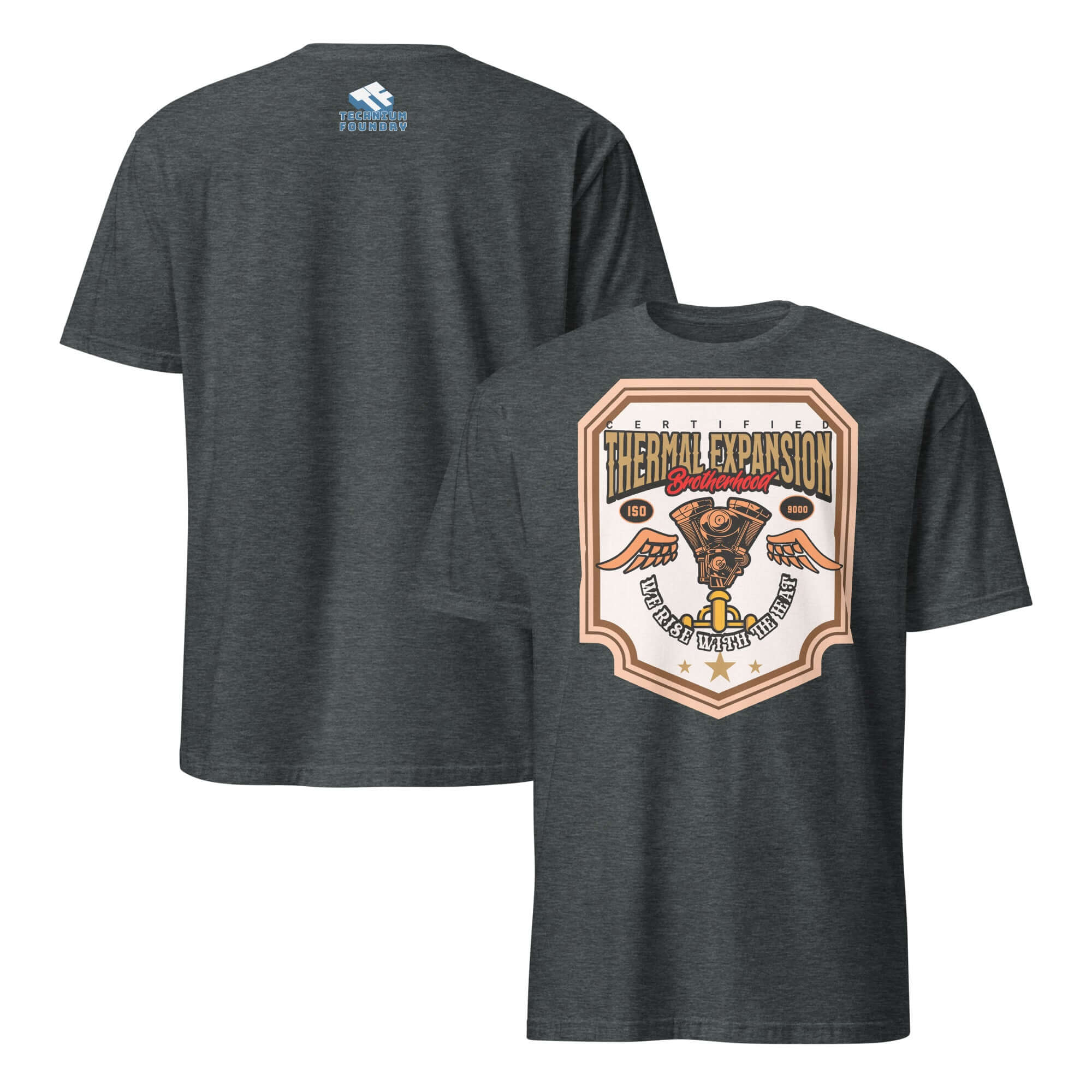 Thermal Expansion Brotherhood T-Shirt with V-twin engine design, scientific motorcycle apparel for physics enthusiasts.
