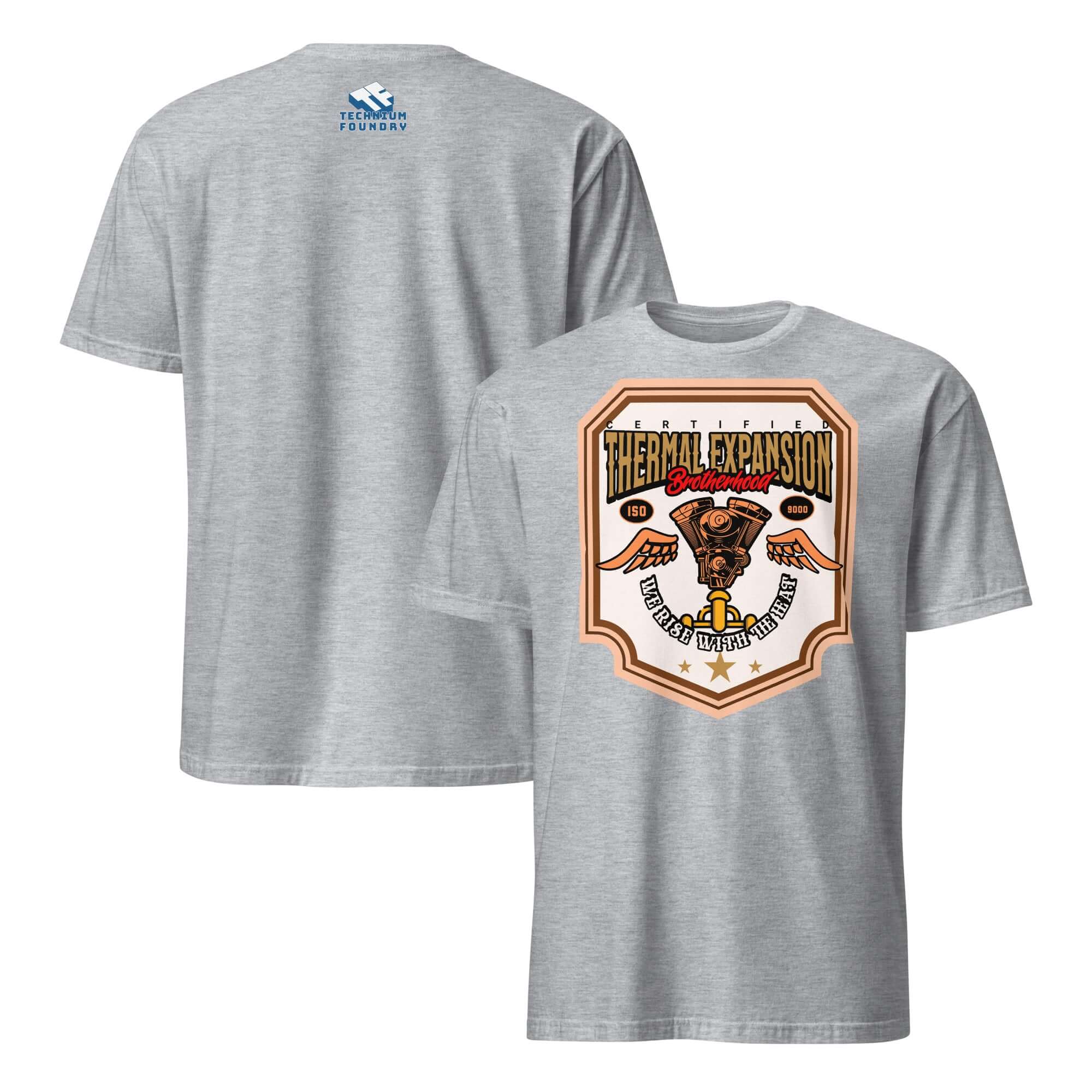 Thermal Expansion Brotherhood T-Shirt featuring V-twin engine design, scientific motorcycle apparel.