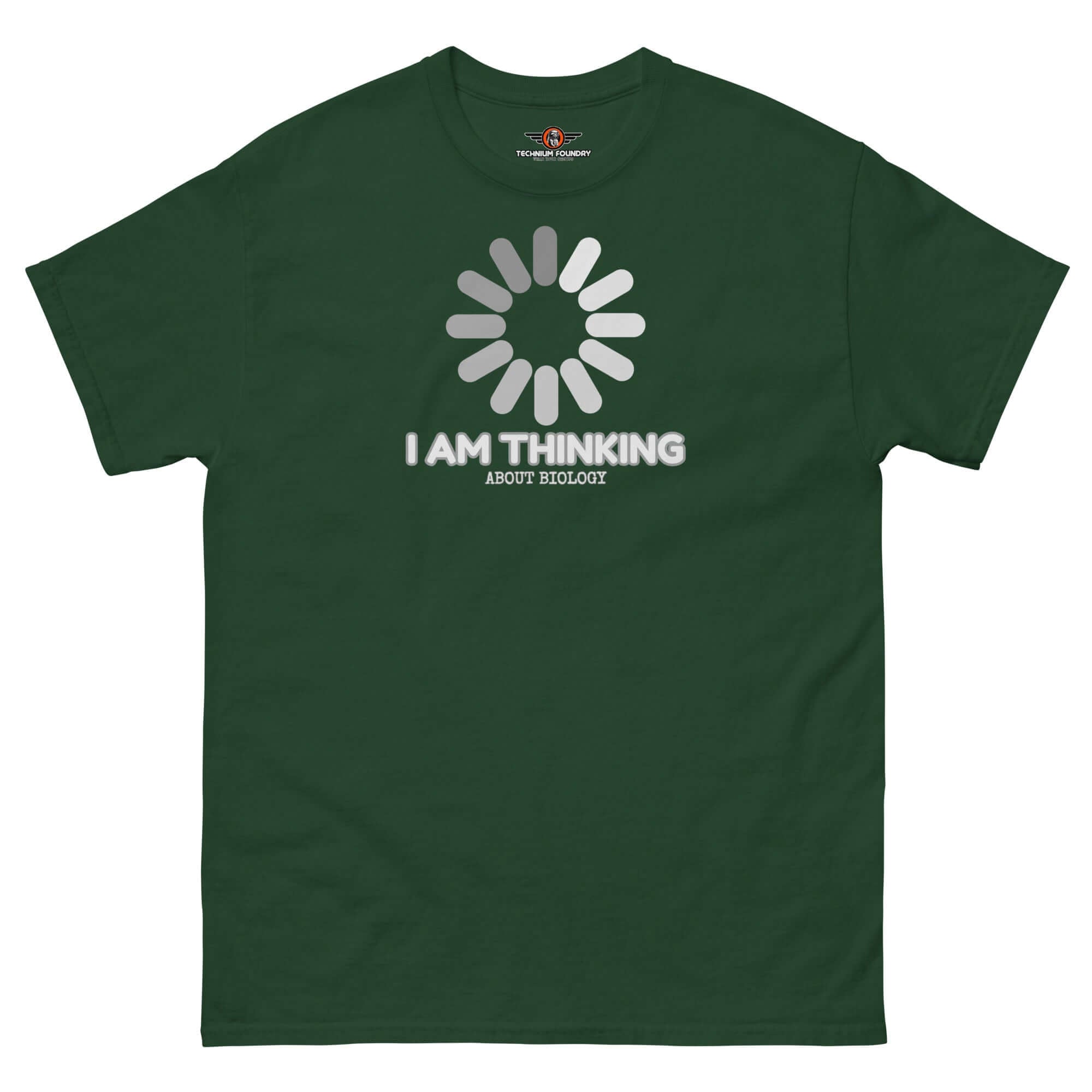 Green t-shirt with "I Am Thinking About Biology" and loading symbol, perfect for science humor lovers and biology enthusiasts.