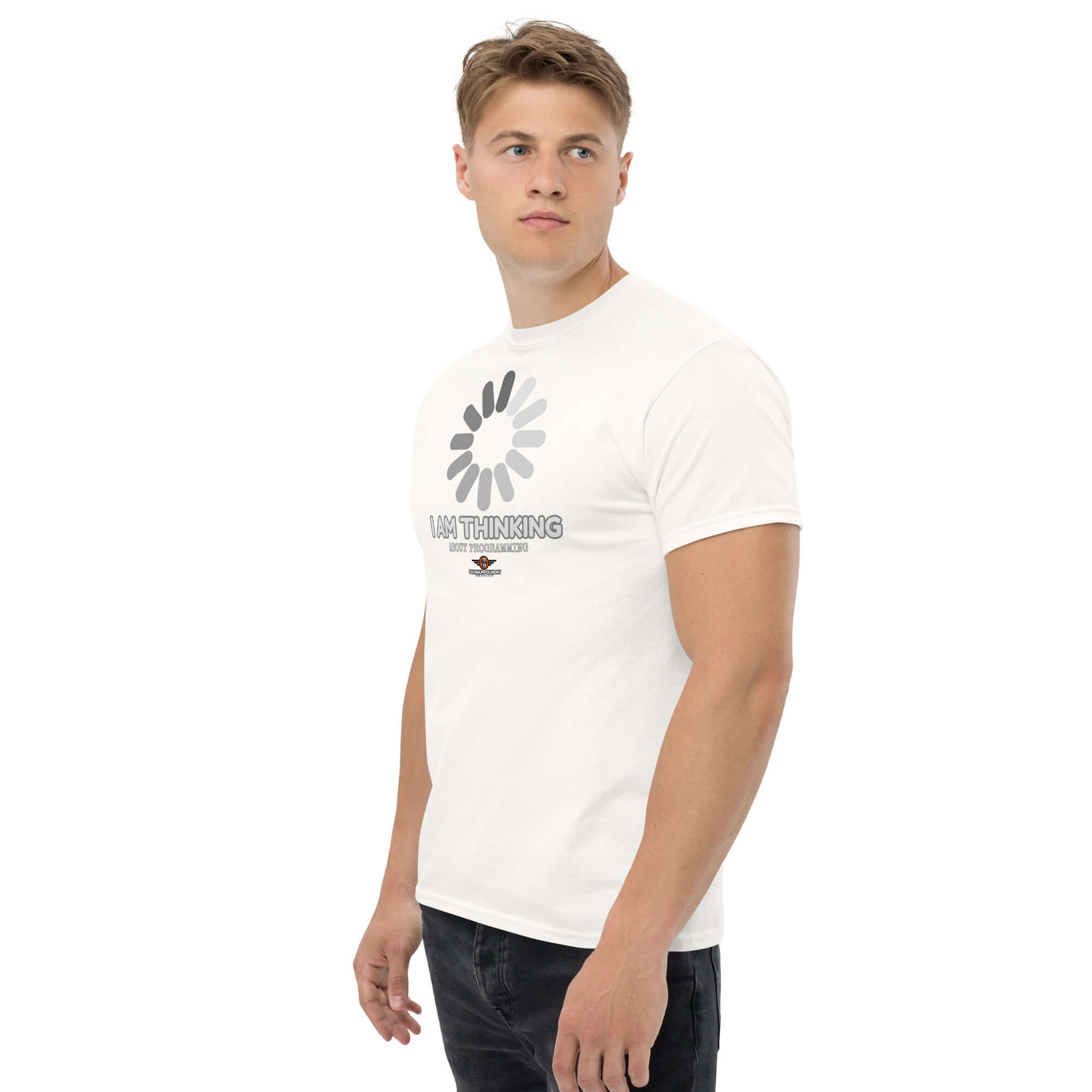 White "I Am Thinking About Programming" t-shirt featuring a loading screen graphic, perfect for coders and tech enthusiasts.