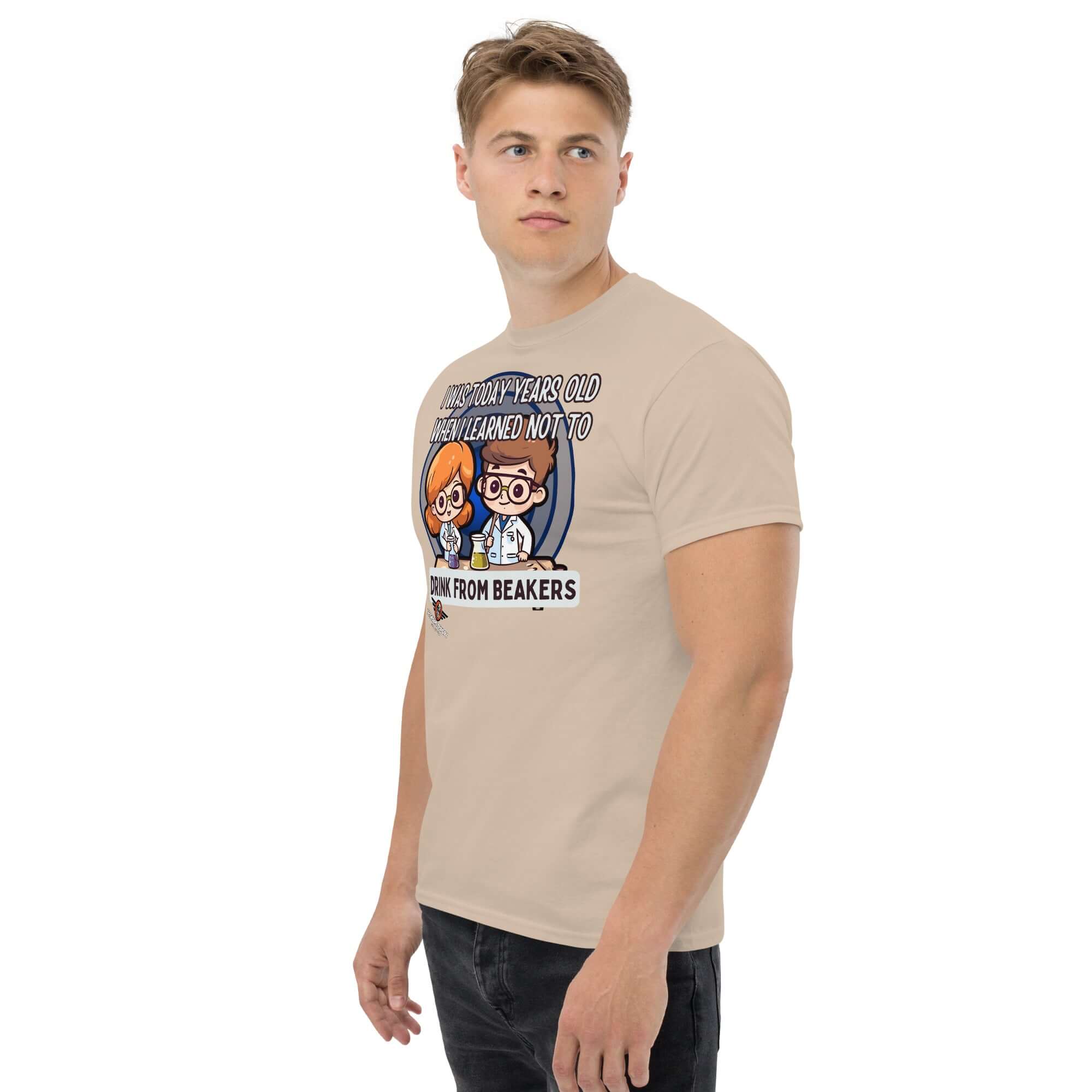 Person wearing 'I Was Today Years Old' chemistry humor t-shirt with kawaii scientists and beaker safety warning.