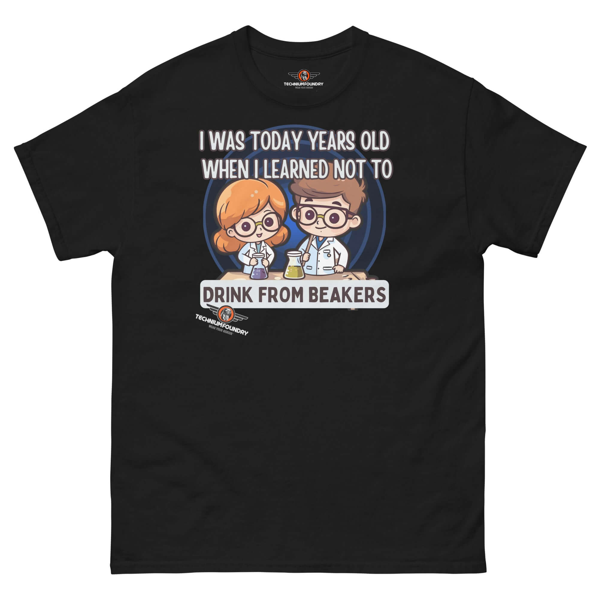 "I Was Today Years Old" Laboratory Safety T-Shirt with chibi scientists and beaker warning, chemistry humor design.