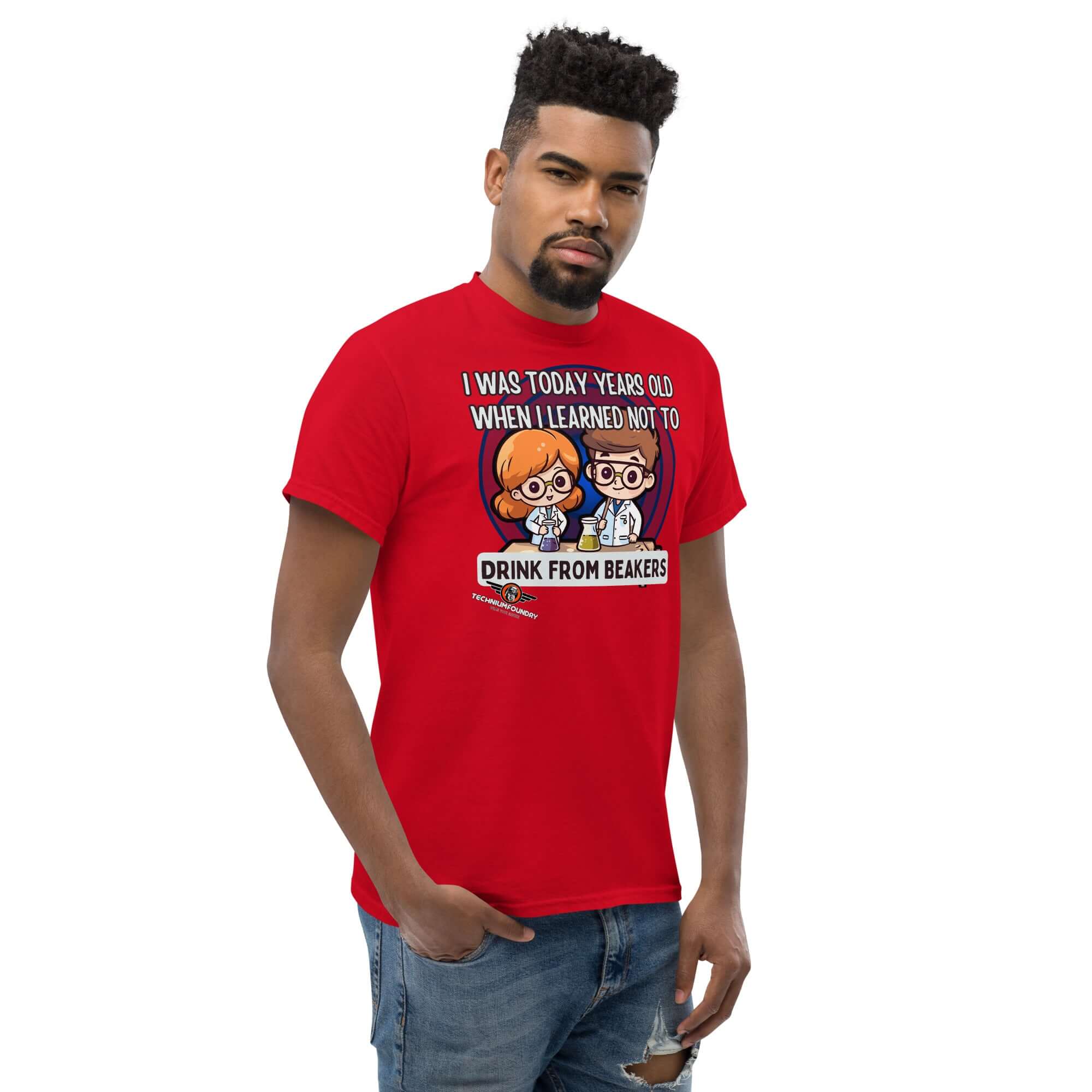 Man wearing 'I Was Today Years Old' chemistry humor t-shirt with chibi scientists and beaker warning design.