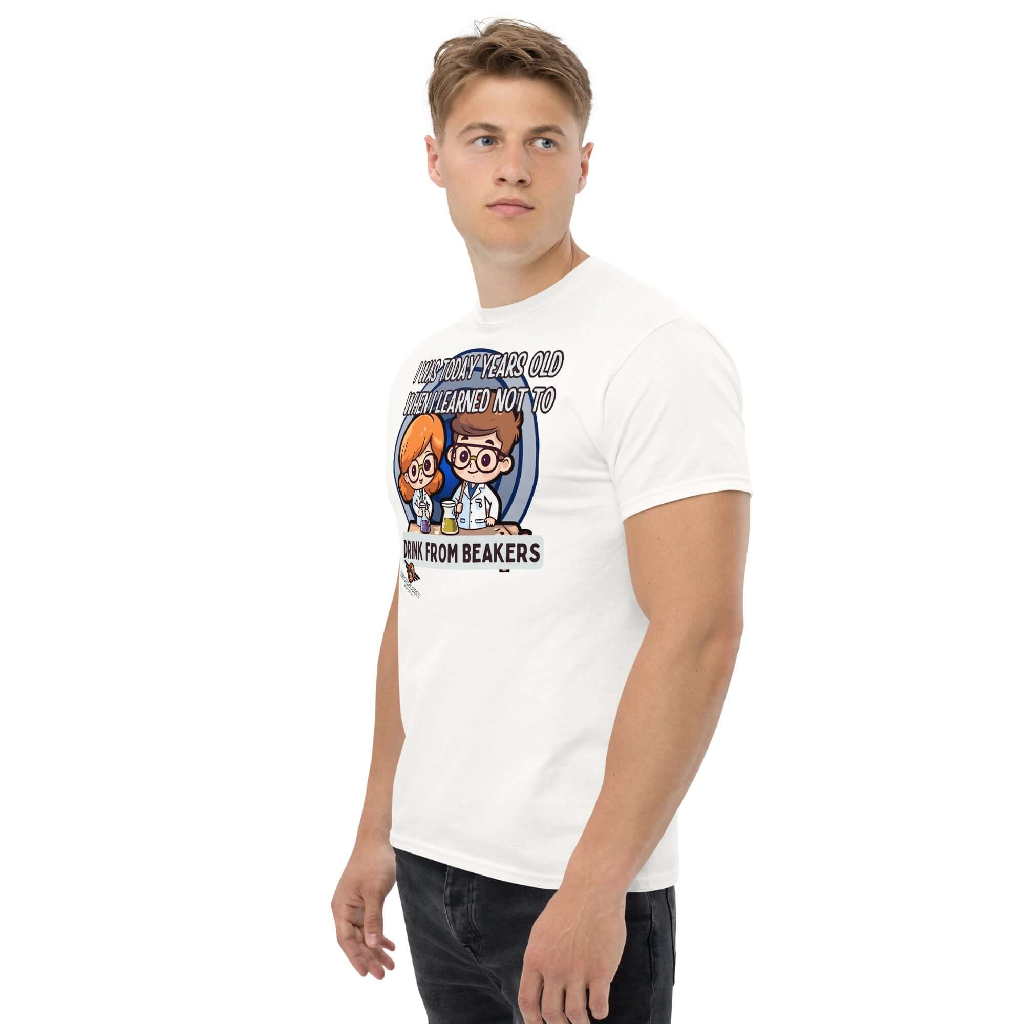 Man wearing "I Was Today Years Old" chemistry humor t-shirt with kawaii lab character design, emphasizing laboratory safety.
