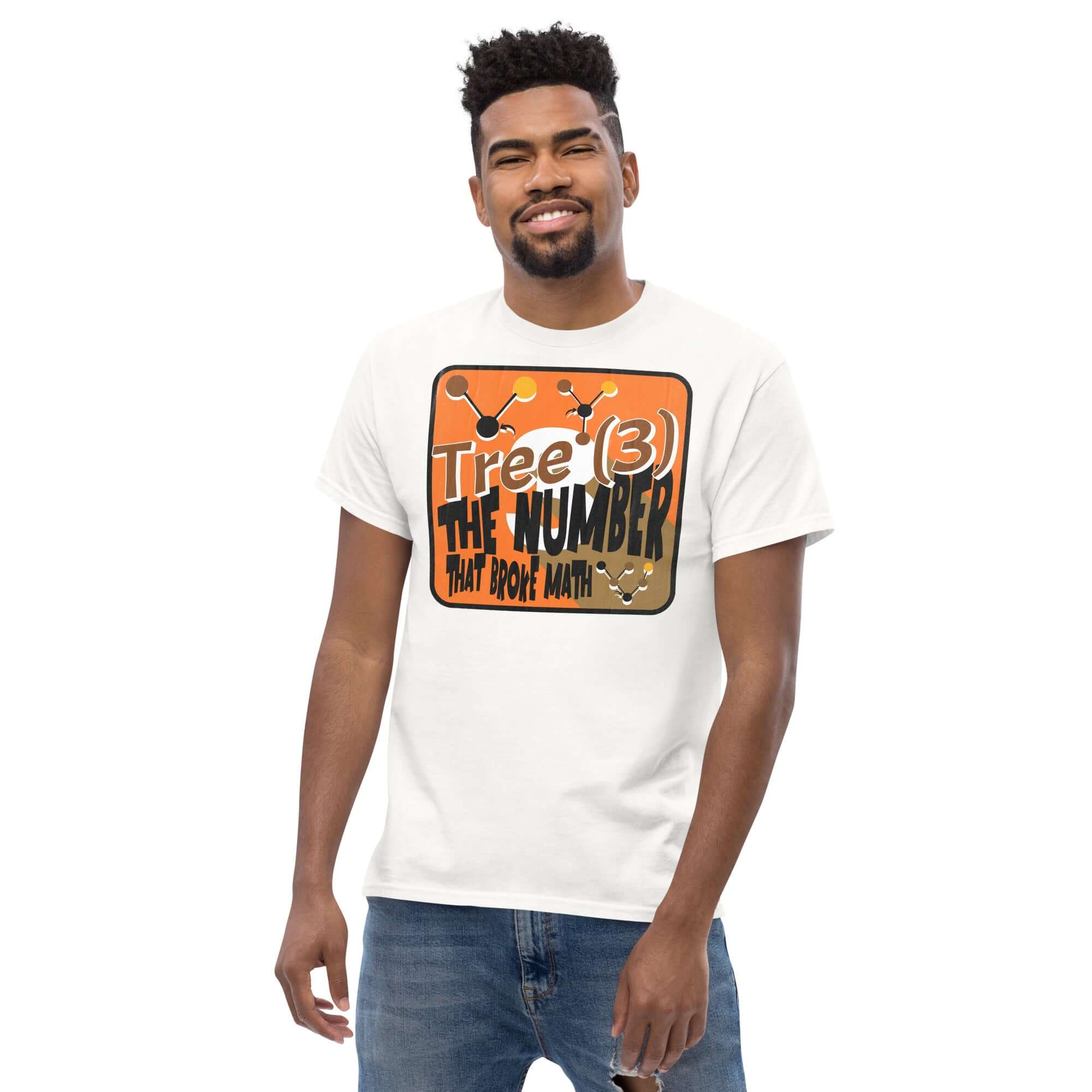 Smiling person wearing a Tree(3) Math Humor T-Shirt with bold infinity-breaking number graphic and molecular-style nodes.