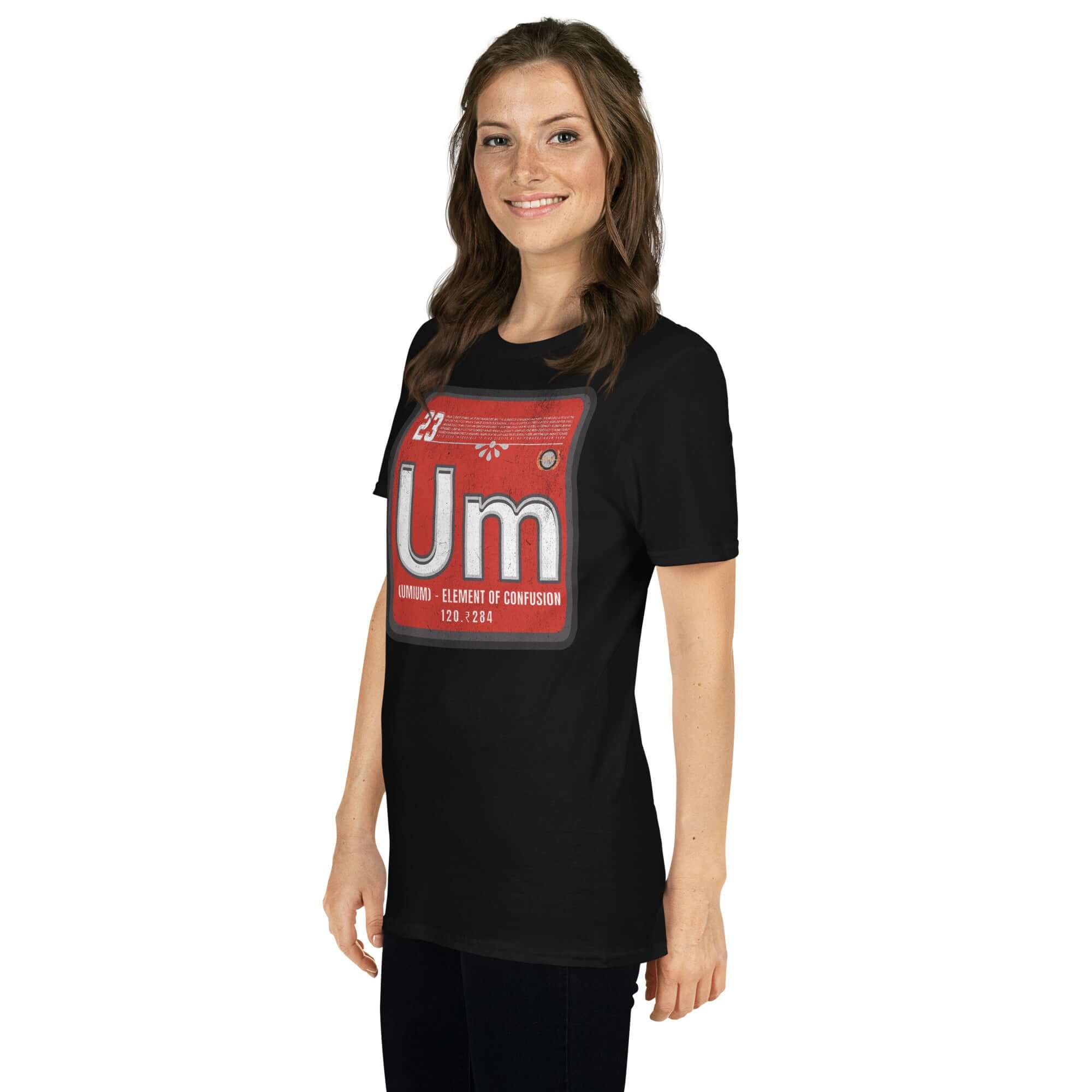 Woman wearing black Umium Element T-Shirt with red periodic table design, highlighting 'Element of Confusion' concept.