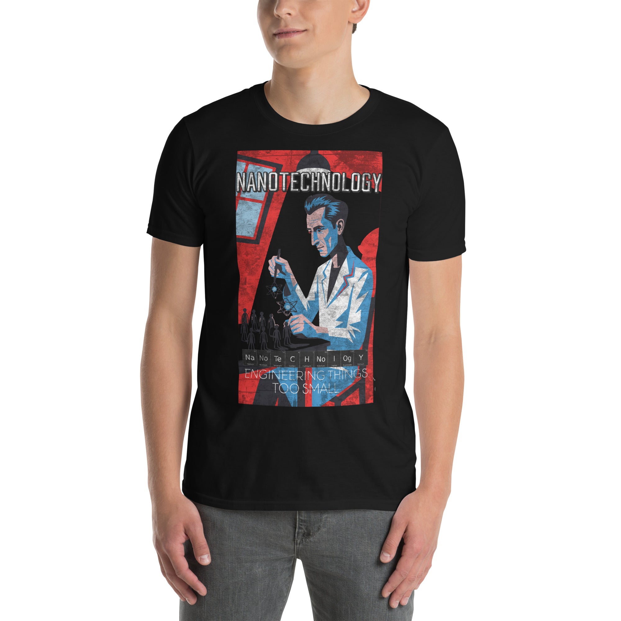 Nanotechnology T-Shirt featuring a retro scientist design on a black tee, inspired by molecular engineering and atomic precision.