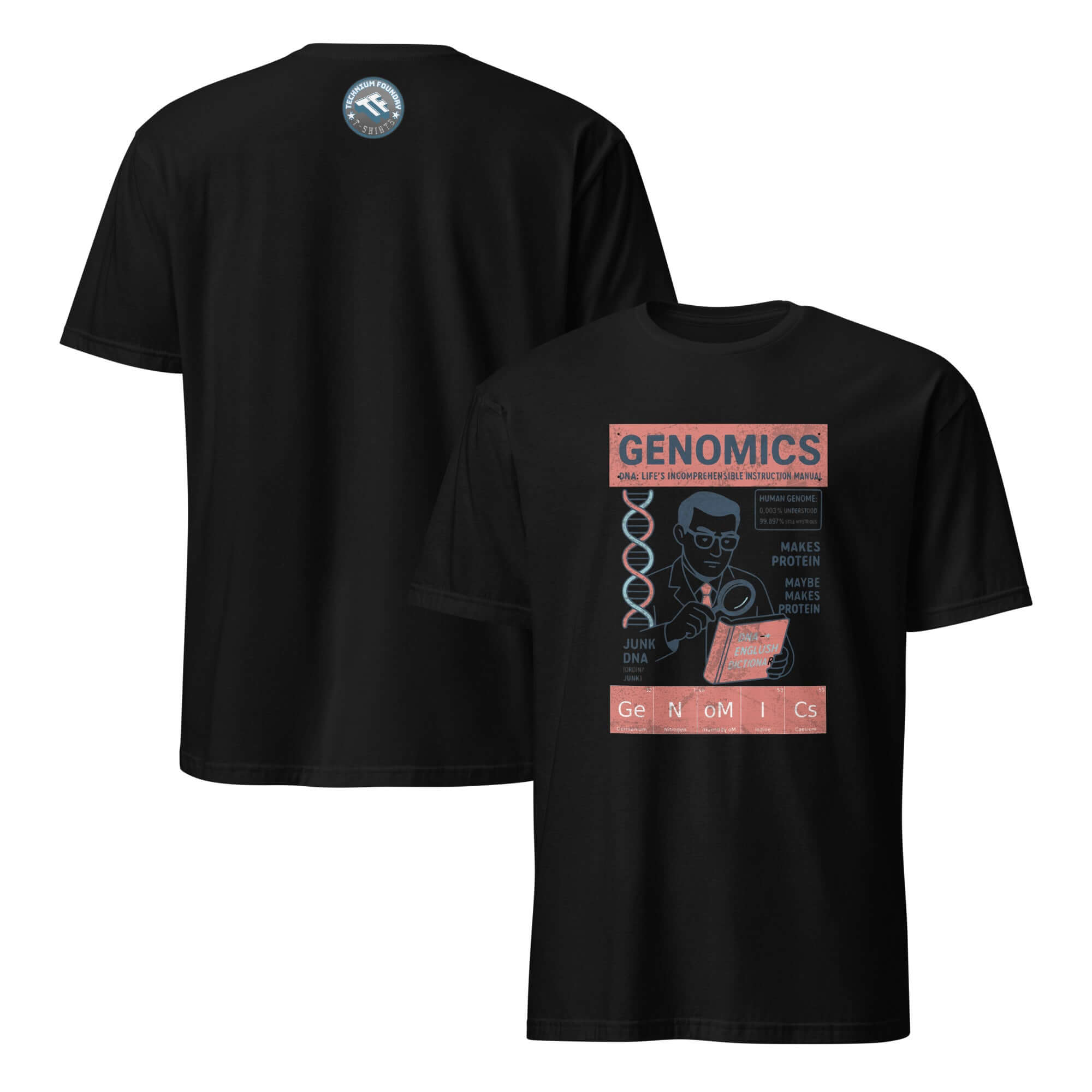 Black Genomics T-Shirt featuring a vintage scientific design about reading genetic code, with DNA strand and molecular detective imagery.