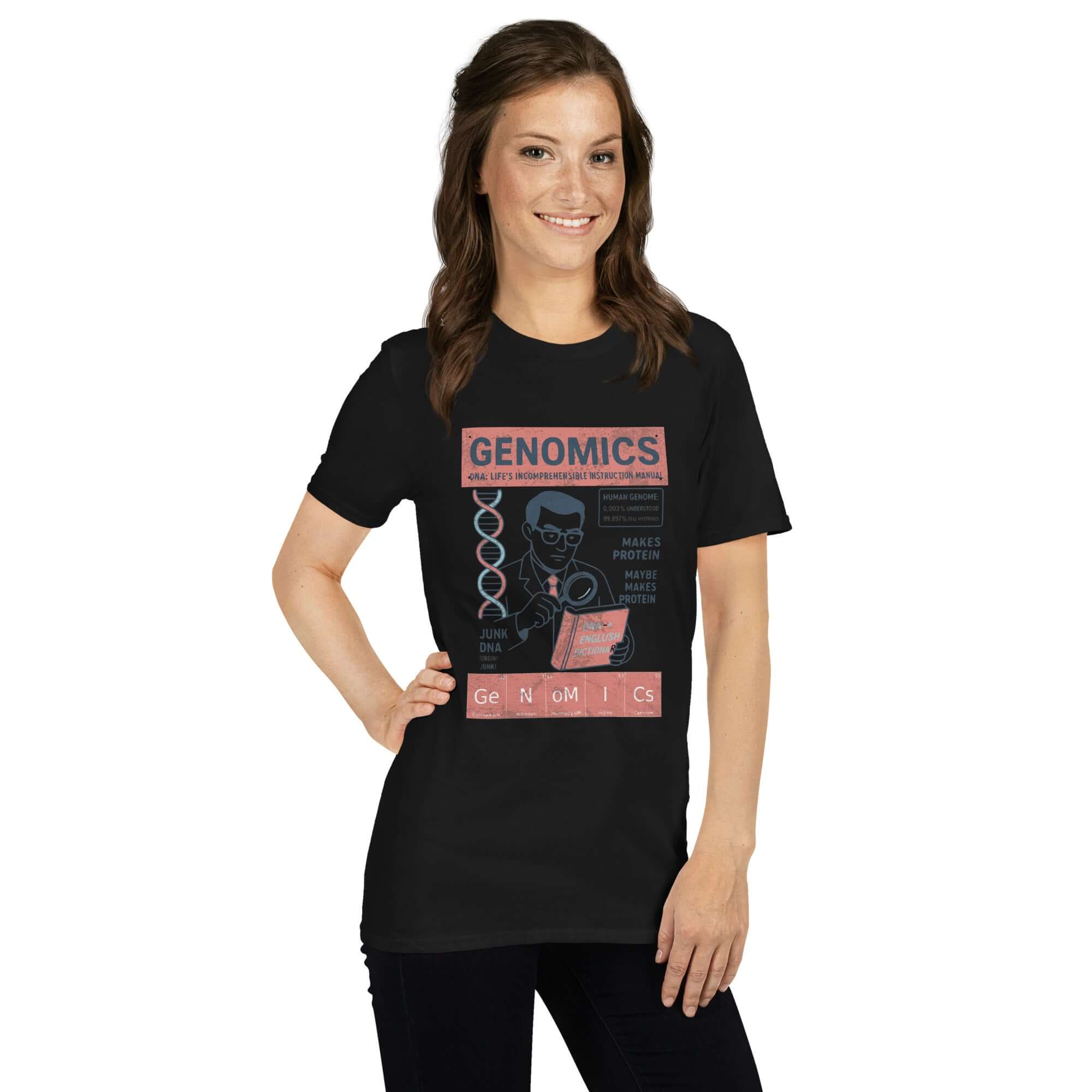 Person wearing Genomics T-shirt with vintage scientific graphic highlighting genetic code reading theme in black color