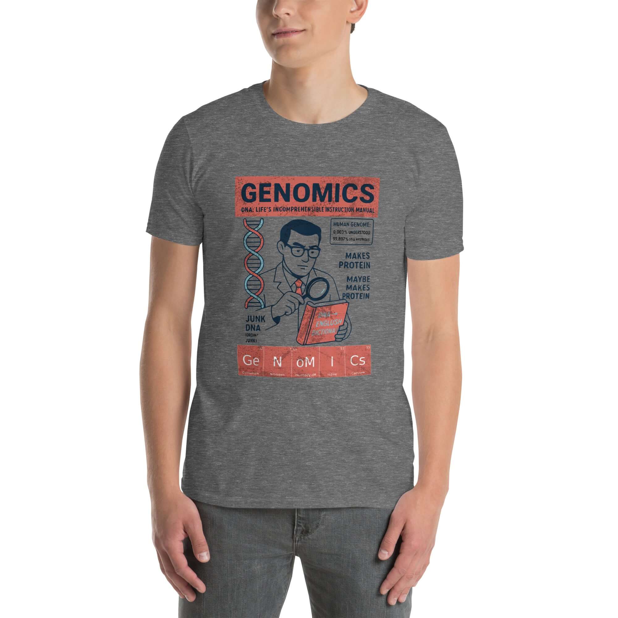 Vintage Genomics T-Shirt featuring a retro scientific theme with DNA and humor, celebrating genetic code research. Gray cotton design.