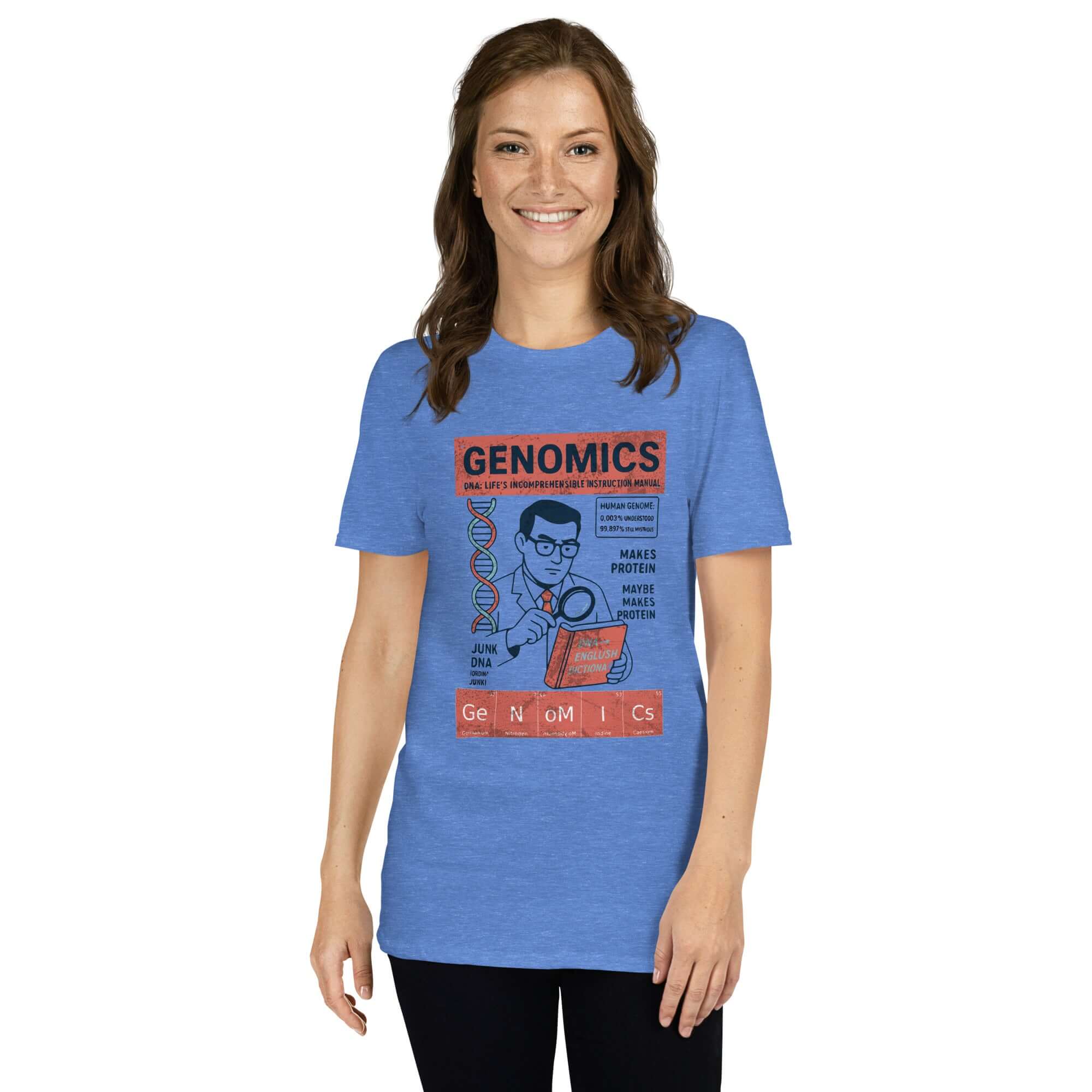Genomics T-shirt featuring vintage design, celebrating genetic code and scientific discovery, worn by smiling model.