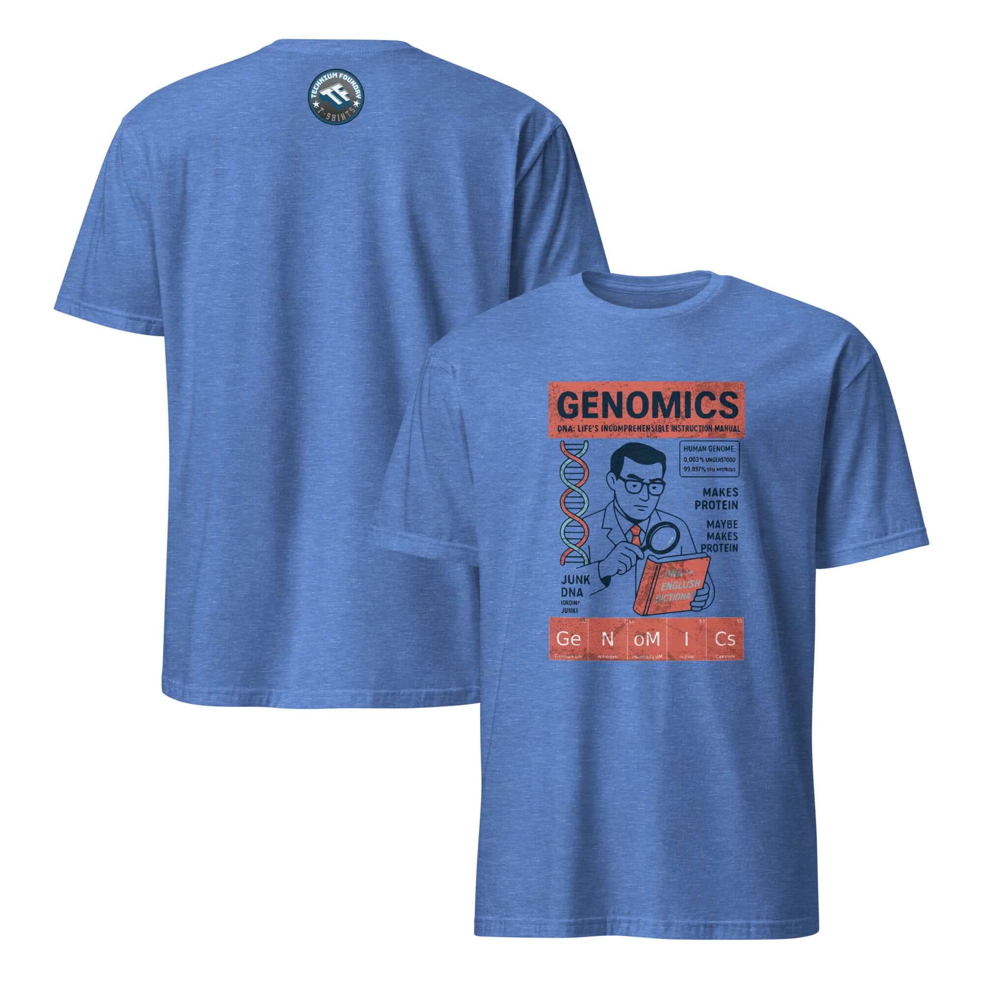 Blue vintage Genomics T-shirt with retro scientific poster design, featuring DNA strands and humor about reading genetic codes.