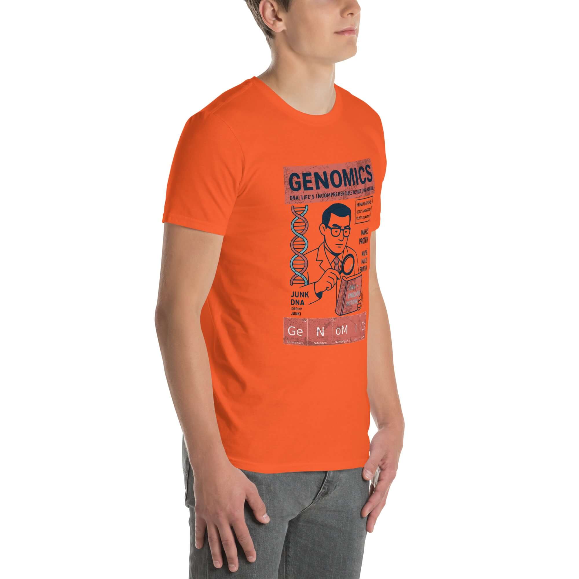 Orange Genomics T-Shirt featuring a vintage-style design highlighting DNA and genetic research, perfect for science enthusiasts.