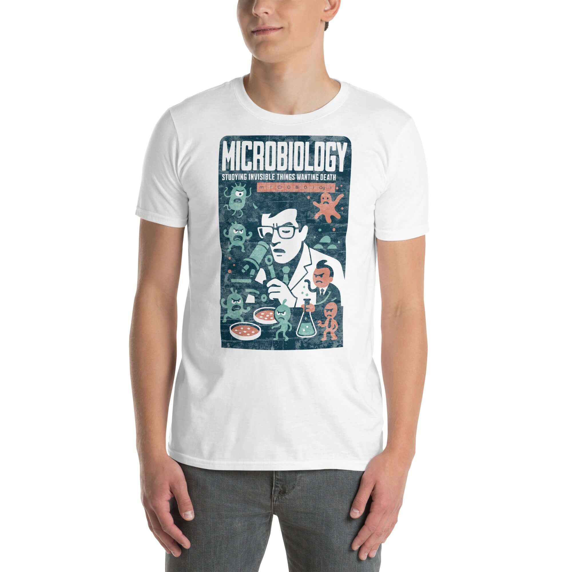 Microbiology T-Shirt featuring humorous design with scientist and microscopic creatures, ideal for science enthusiasts.