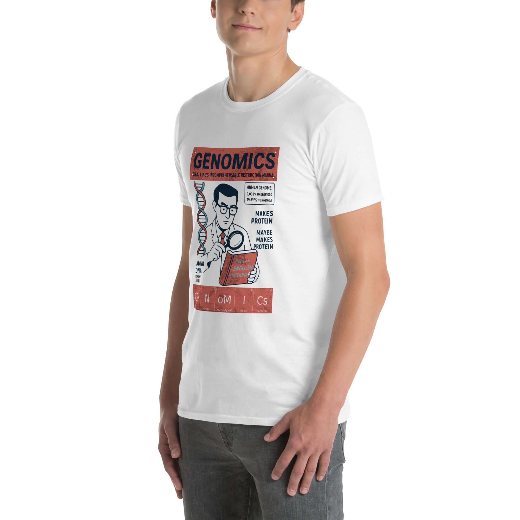 Vintage Genomics T-Shirt featuring humorous scientific design and genetic code theme for science enthusiasts.